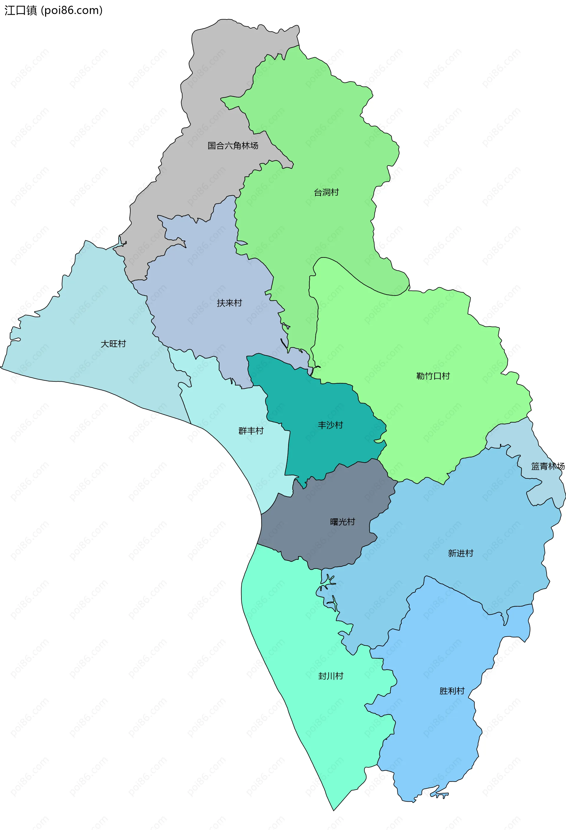江口镇边界地图(五级行政区划)