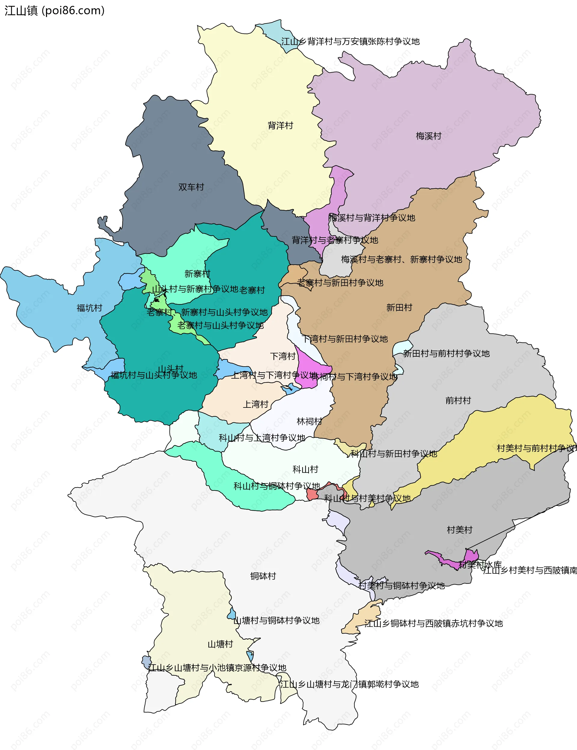 江山镇边界地图(五级行政区划)