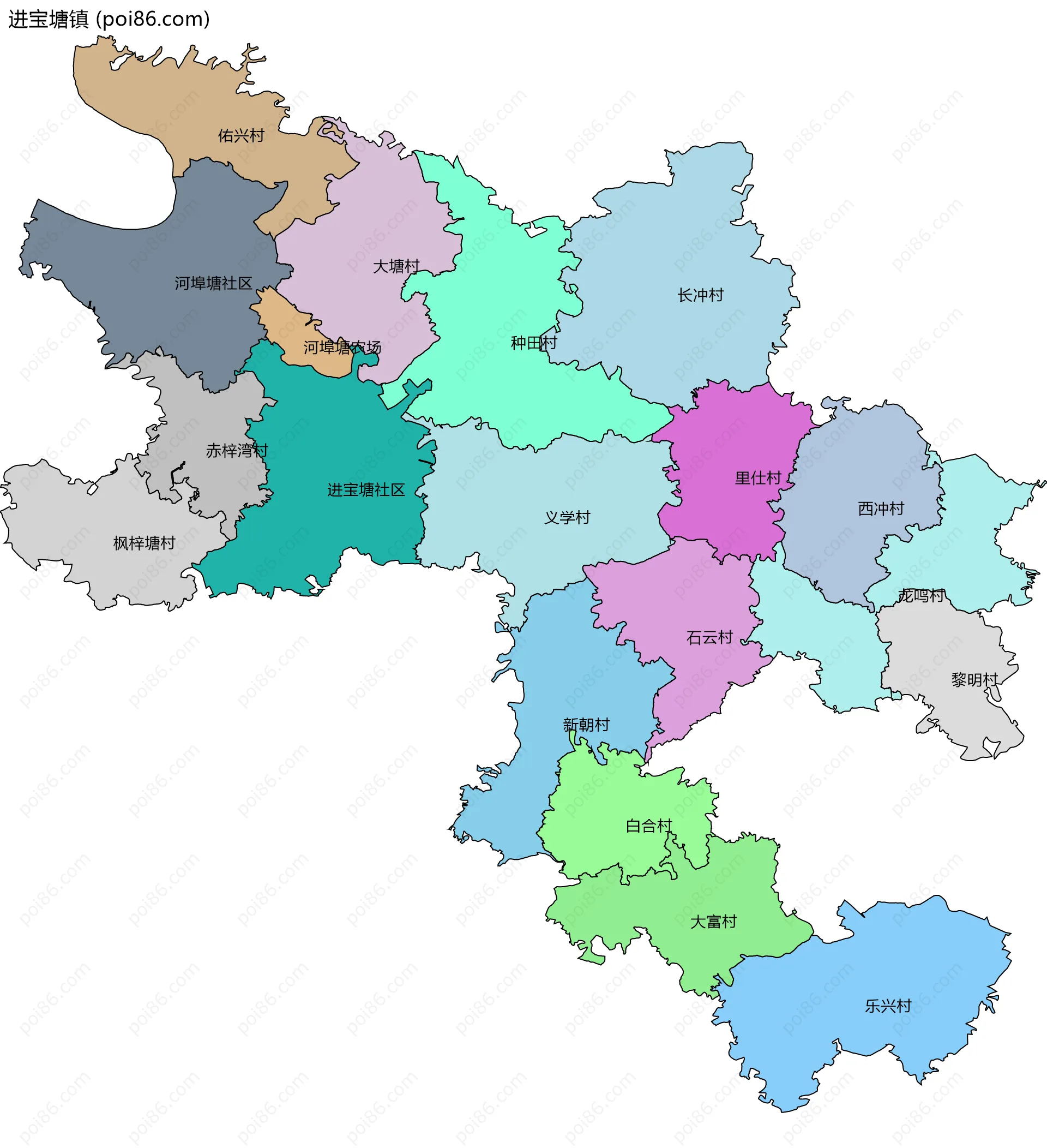 进宝塘镇边界地图(五级行政区划)