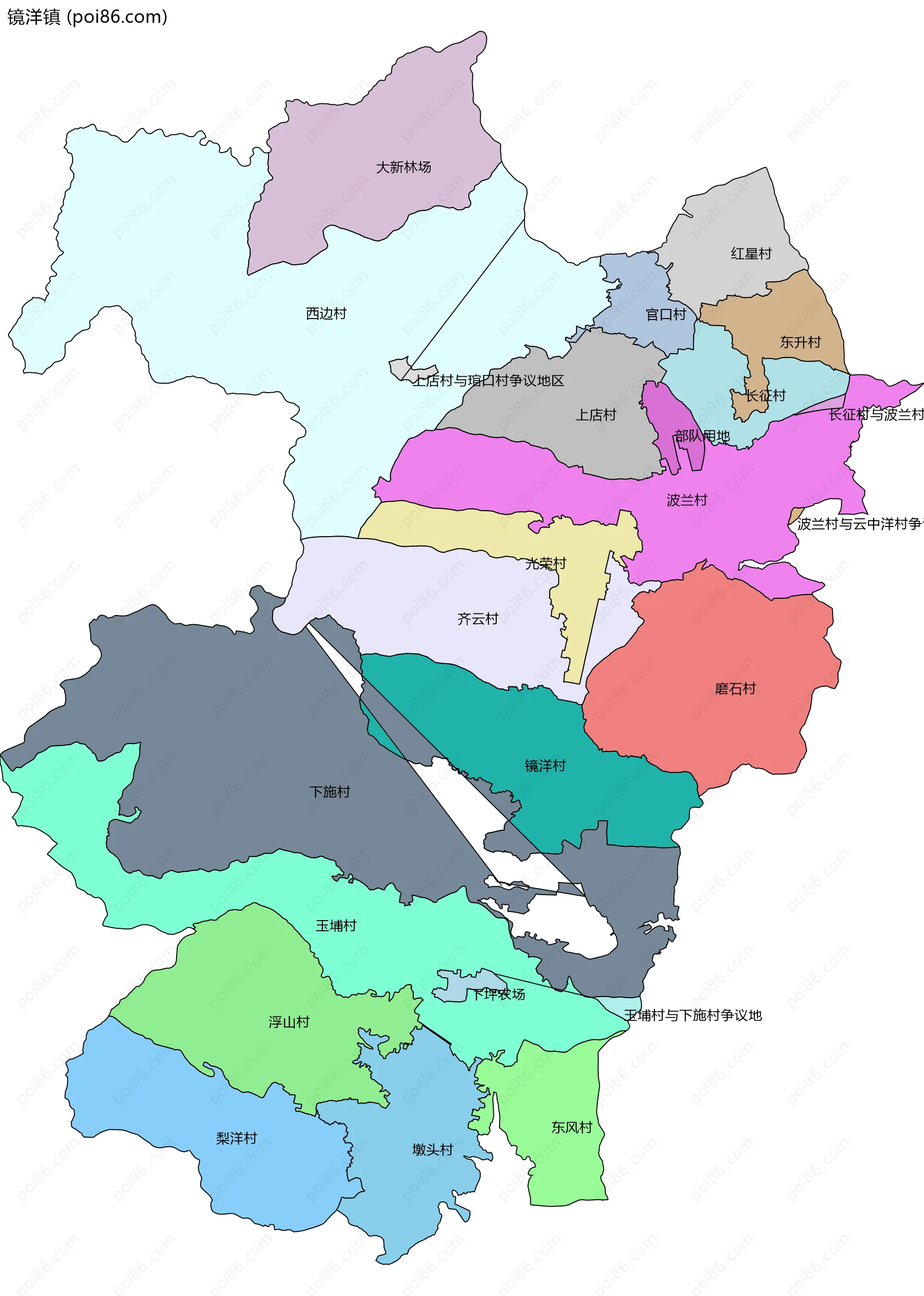 镜洋镇边界地图(五级行政区划)