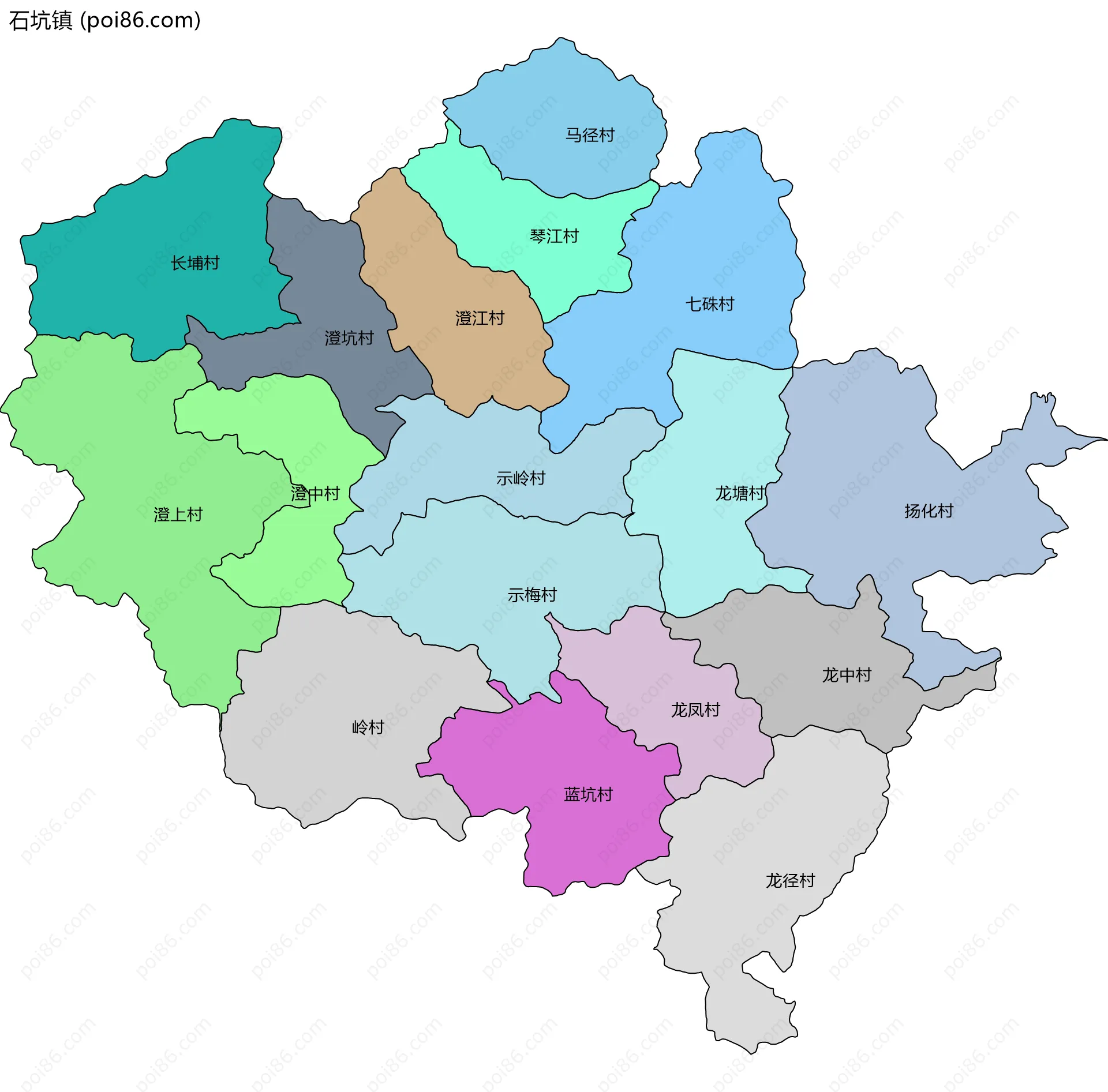 石坑镇边界地图(五级行政区划)