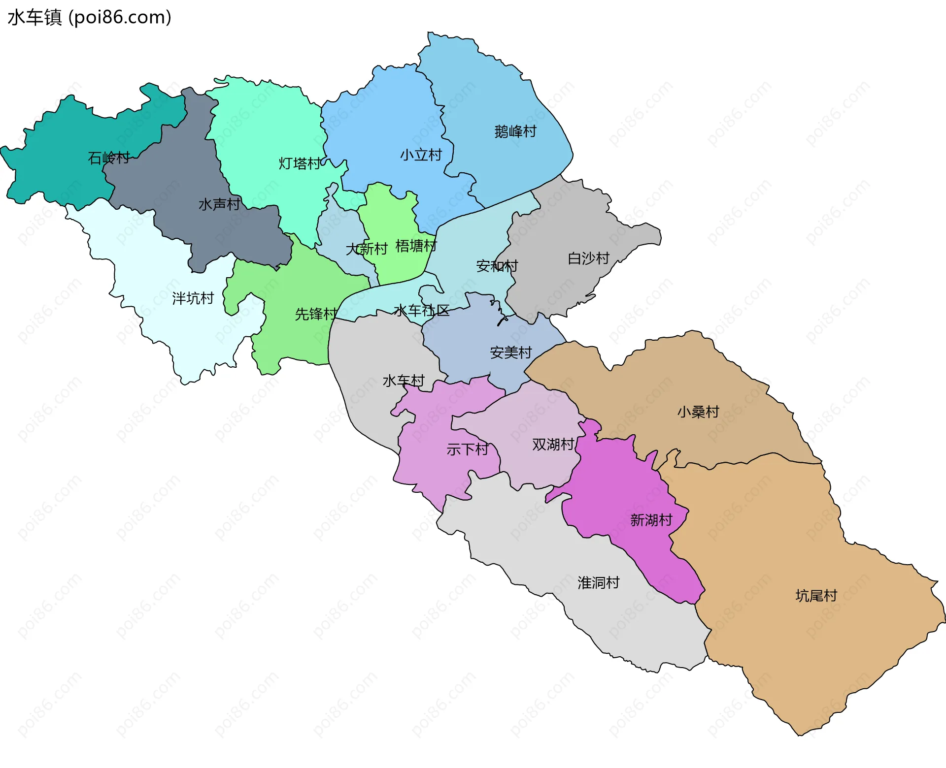 水车镇边界地图(五级行政区划)