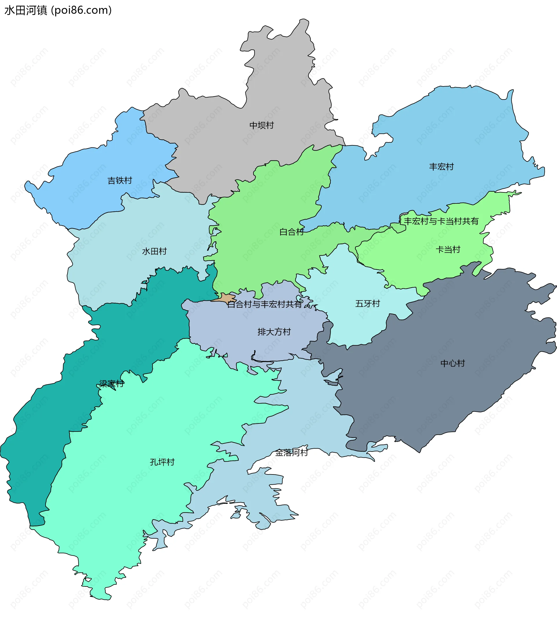 水田河镇边界地图(五级行政区划)