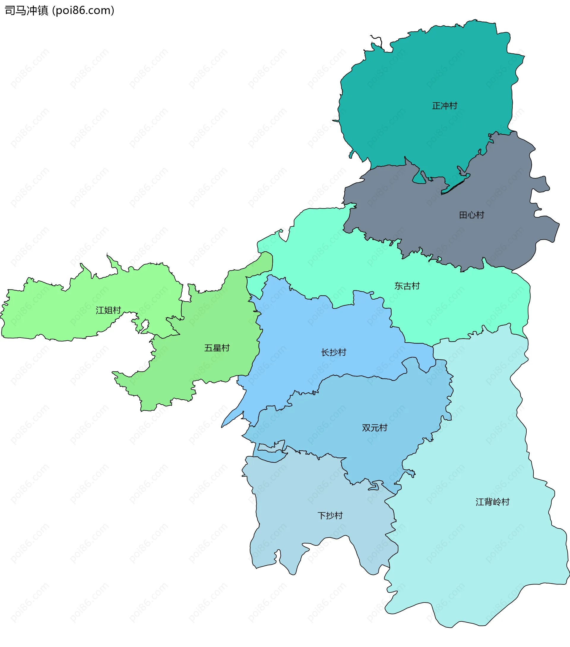 司马冲镇边界地图(五级行政区划)