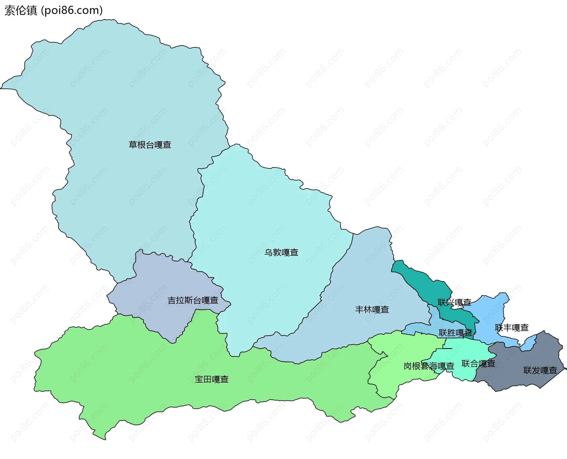 索伦镇边界地图(五级行政区划)