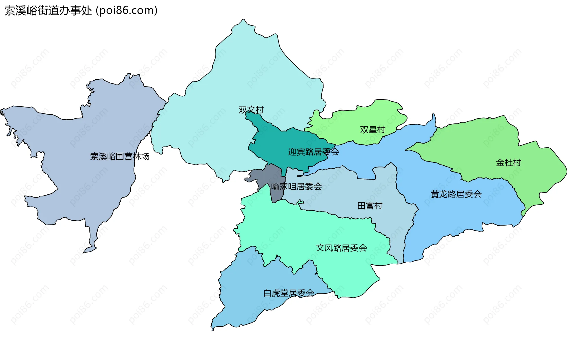 索溪峪街道办事处边界地图(五级行政区划)