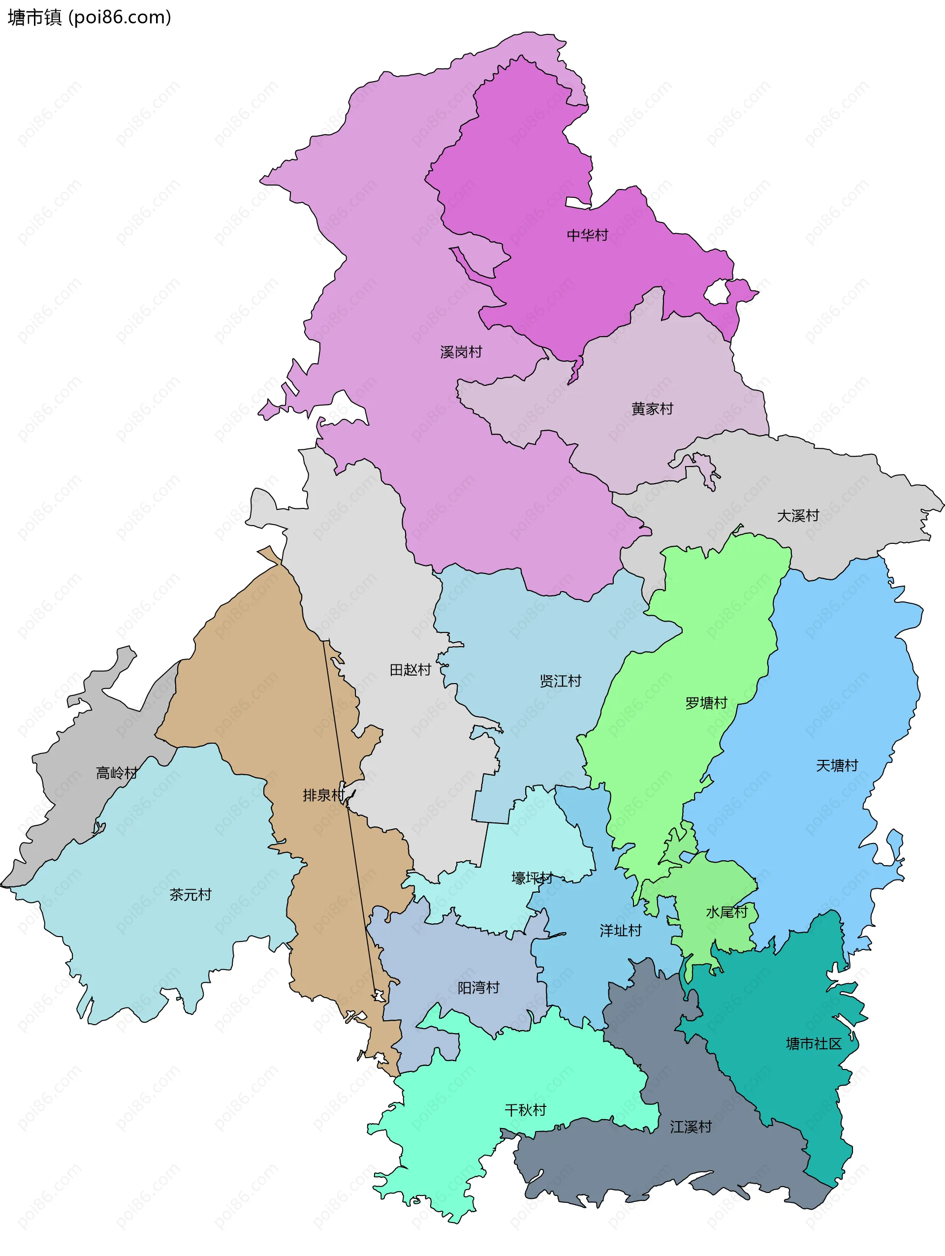 塘市镇边界地图(五级行政区划)