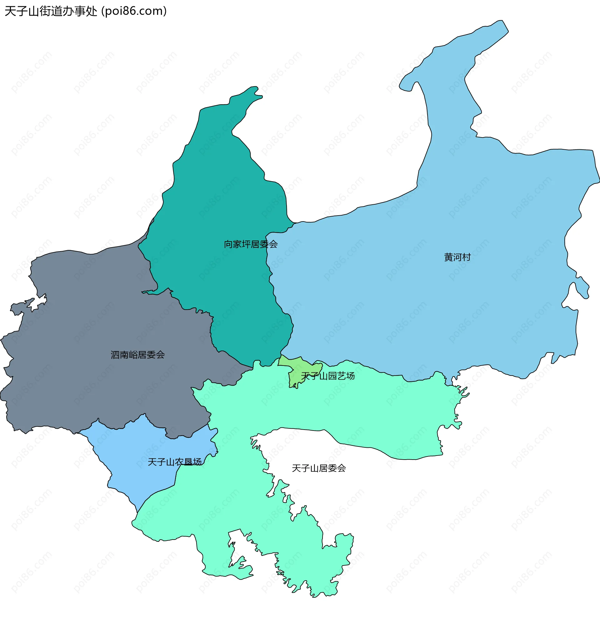 天子山街道办事处边界地图(五级行政区划)