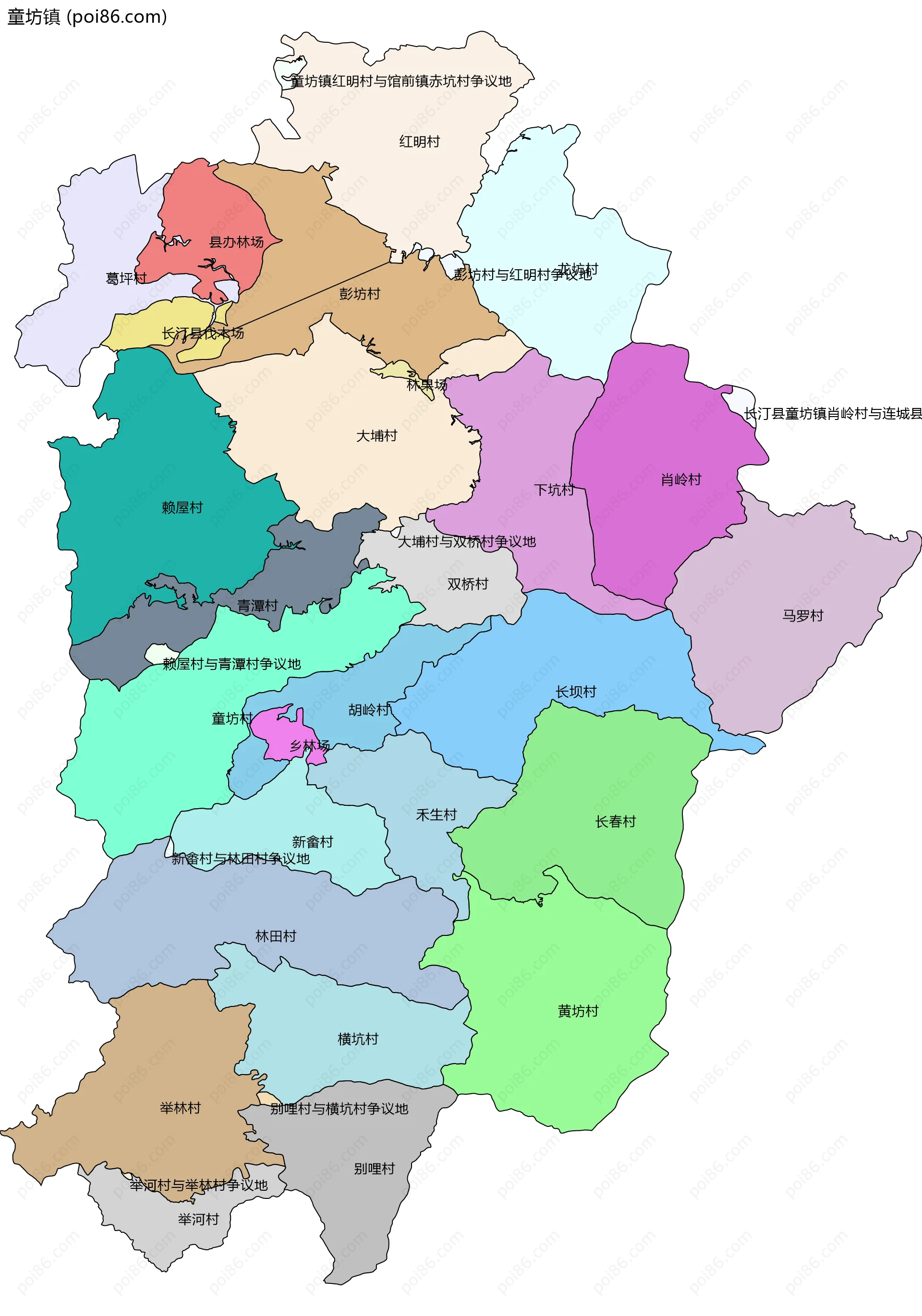 童坊镇边界地图(五级行政区划)