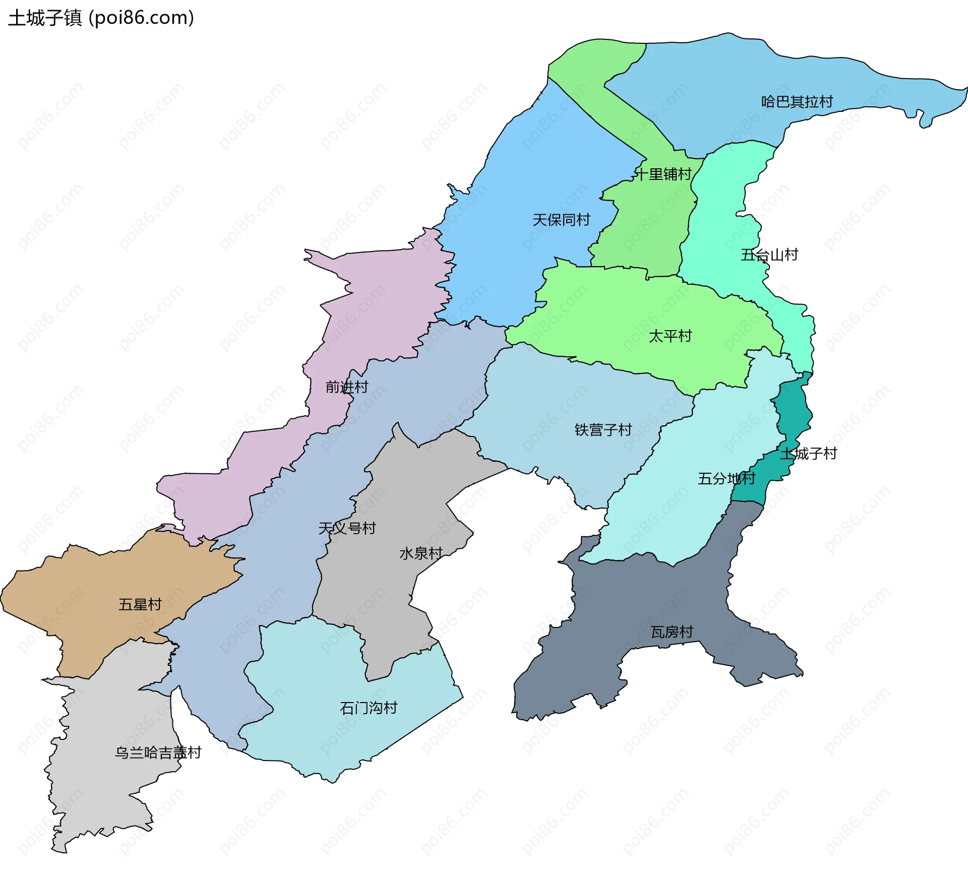 土城子镇边界地图(五级行政区划)