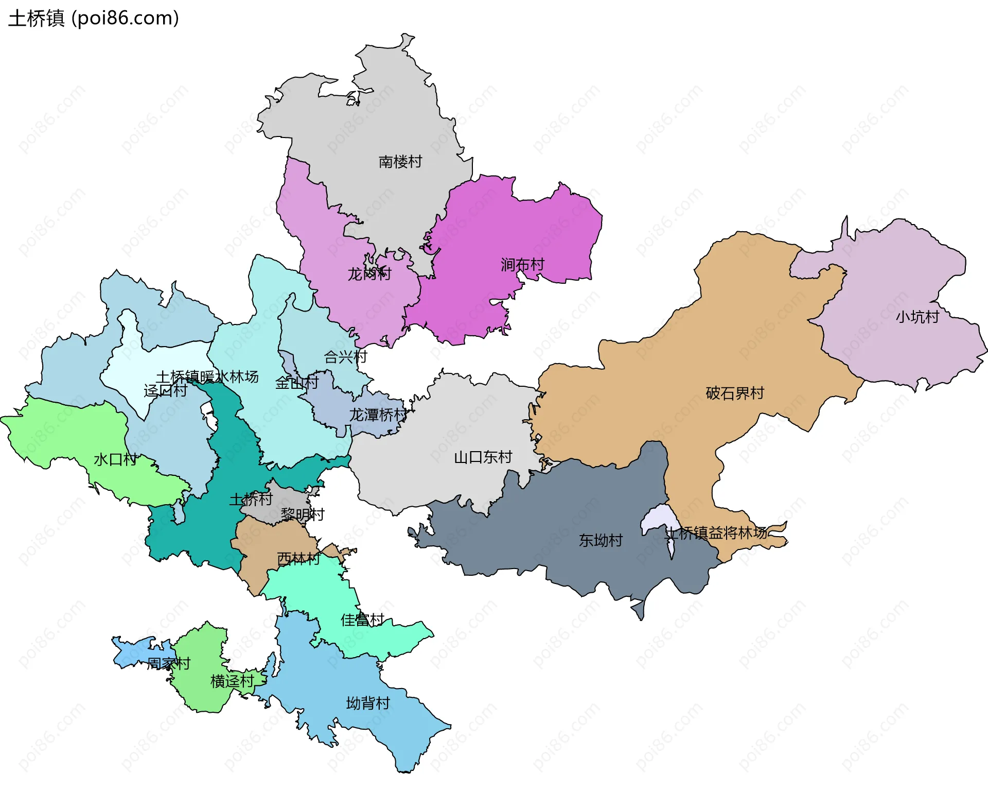 土桥镇边界地图(五级行政区划)