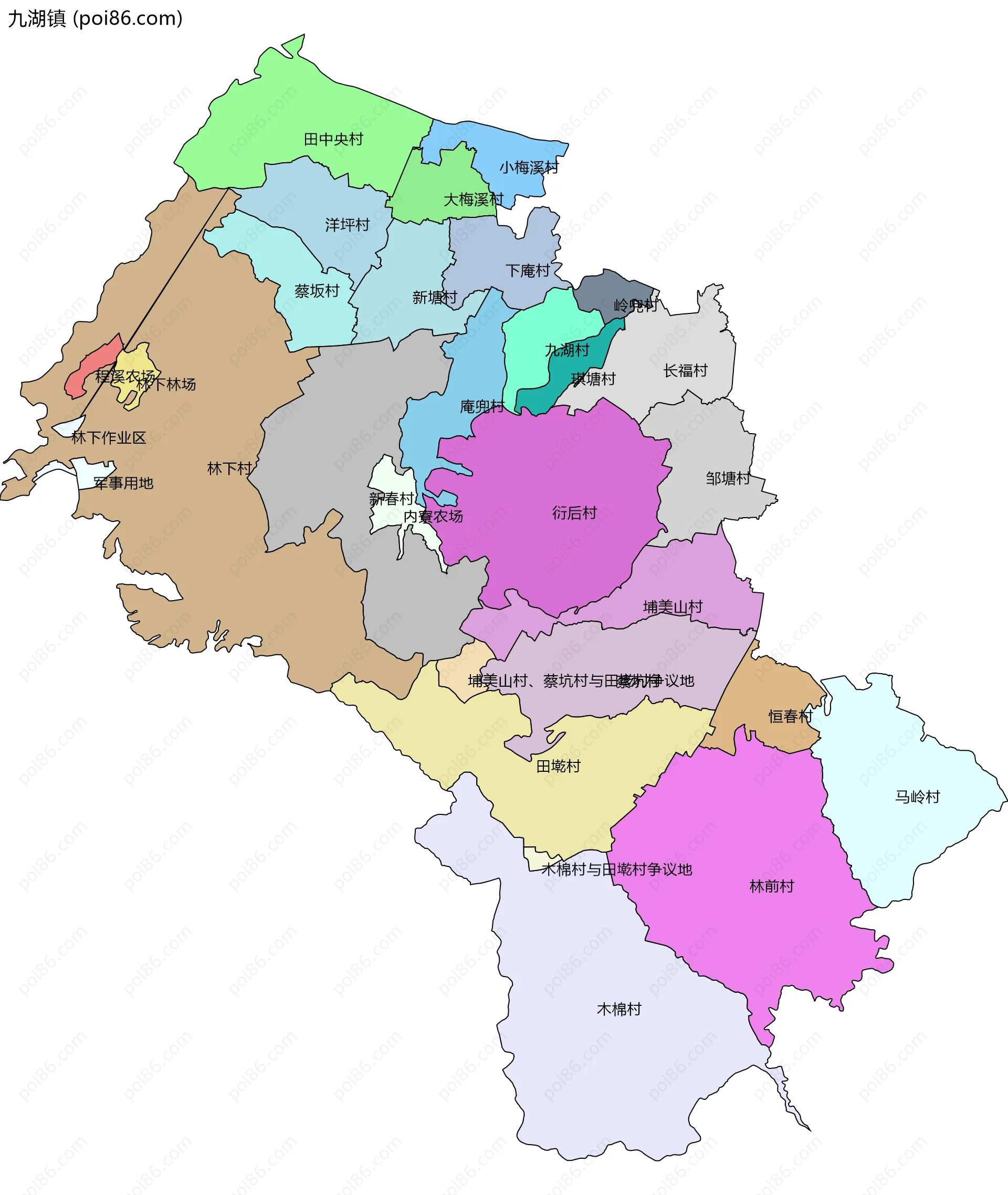 九湖镇边界地图(五级行政区划)