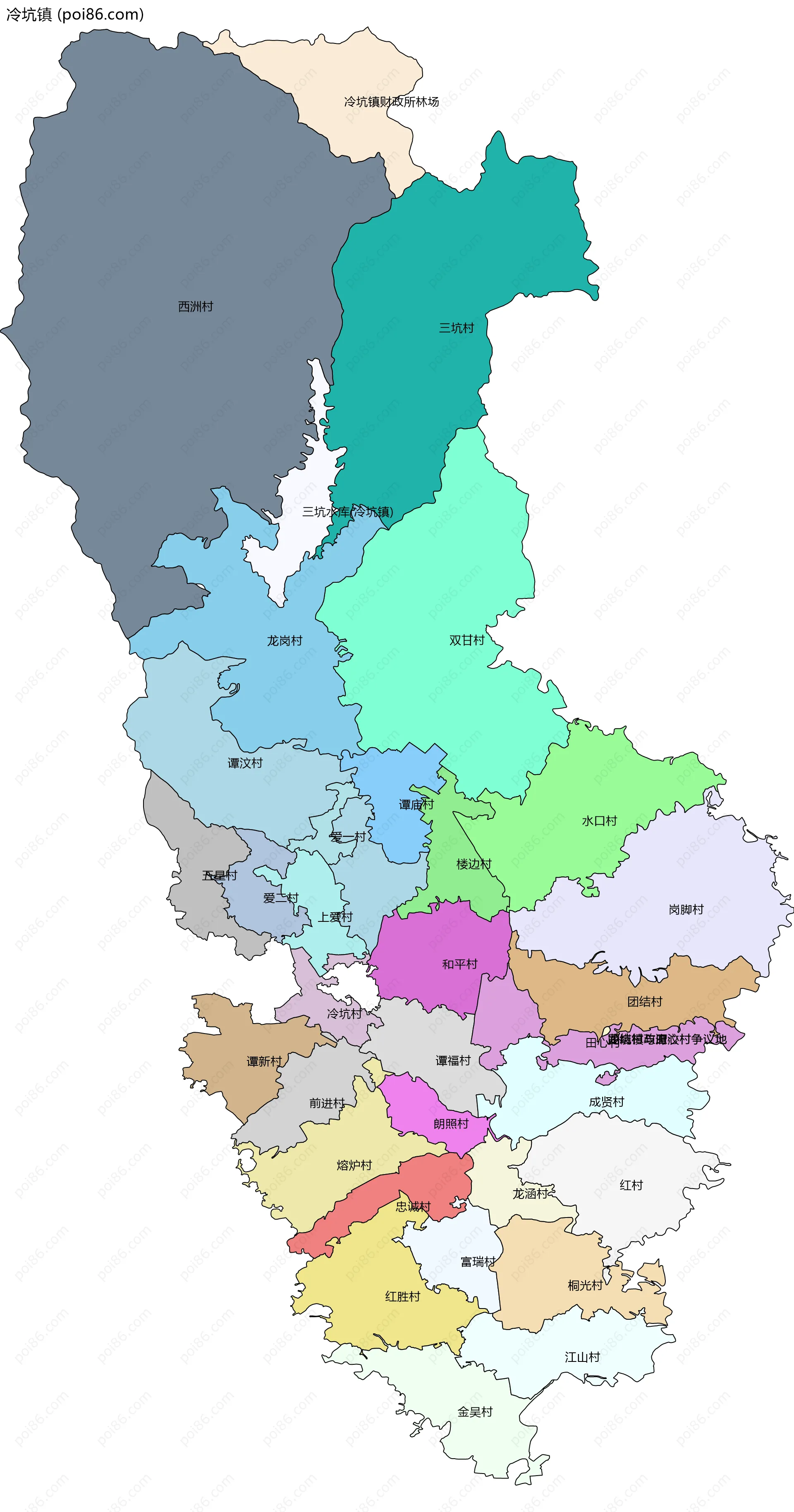 冷坑镇边界地图(五级行政区划)