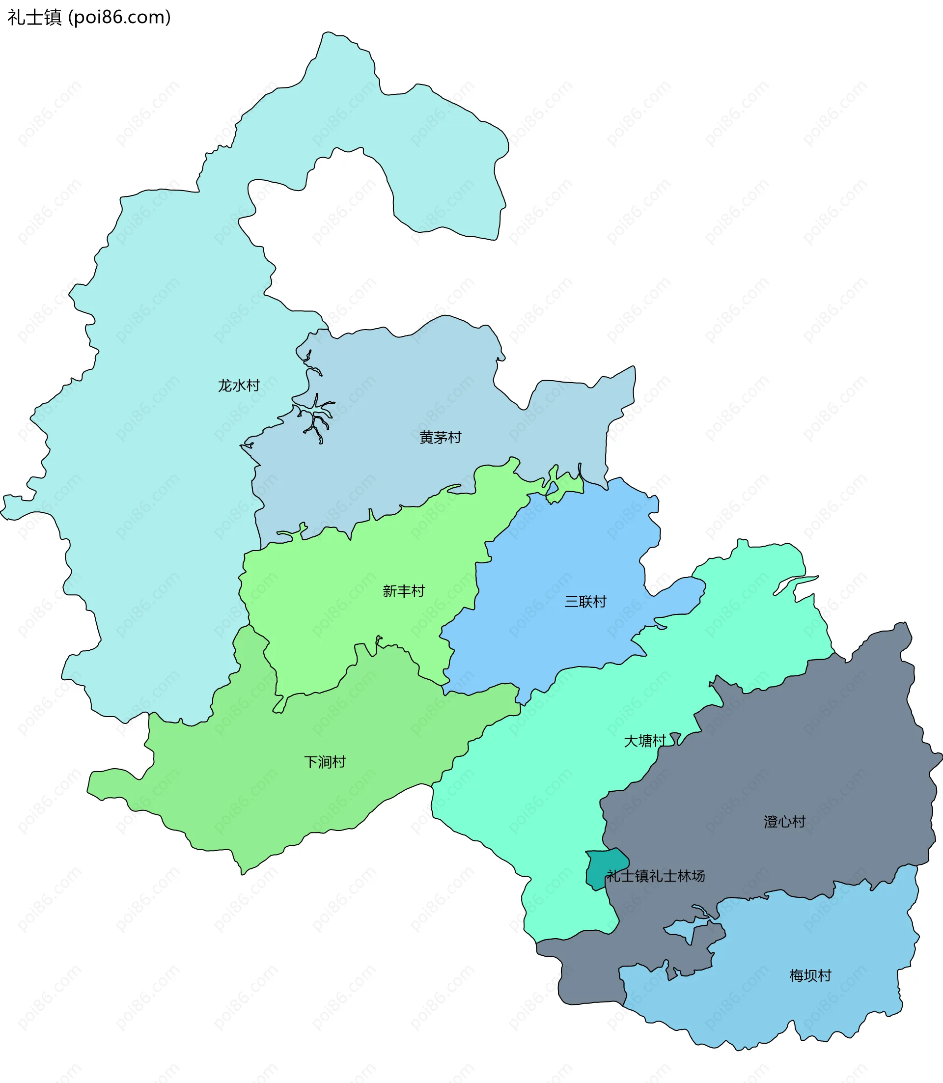 礼士镇边界地图(五级行政区划)