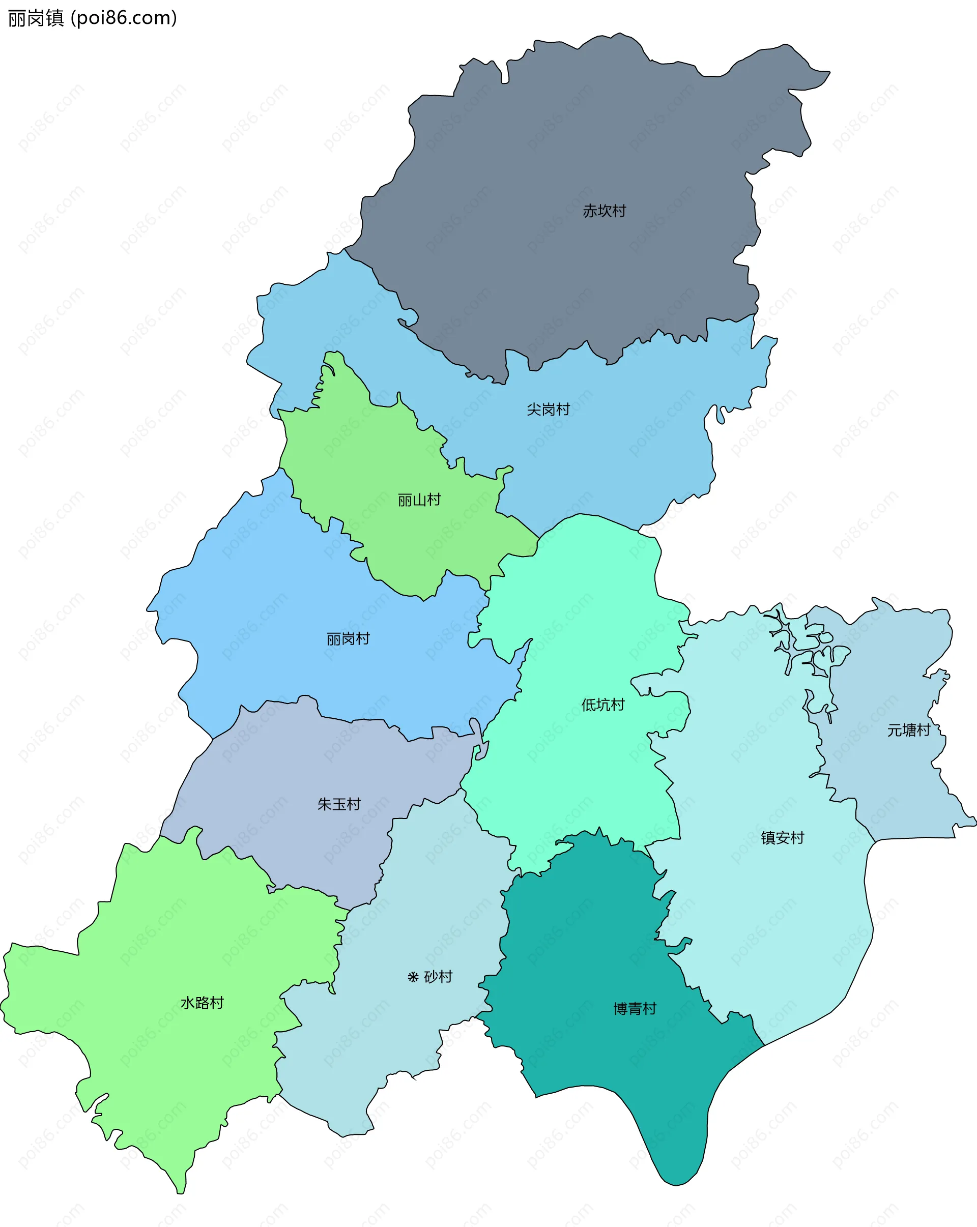 丽岗镇边界地图(五级行政区划)