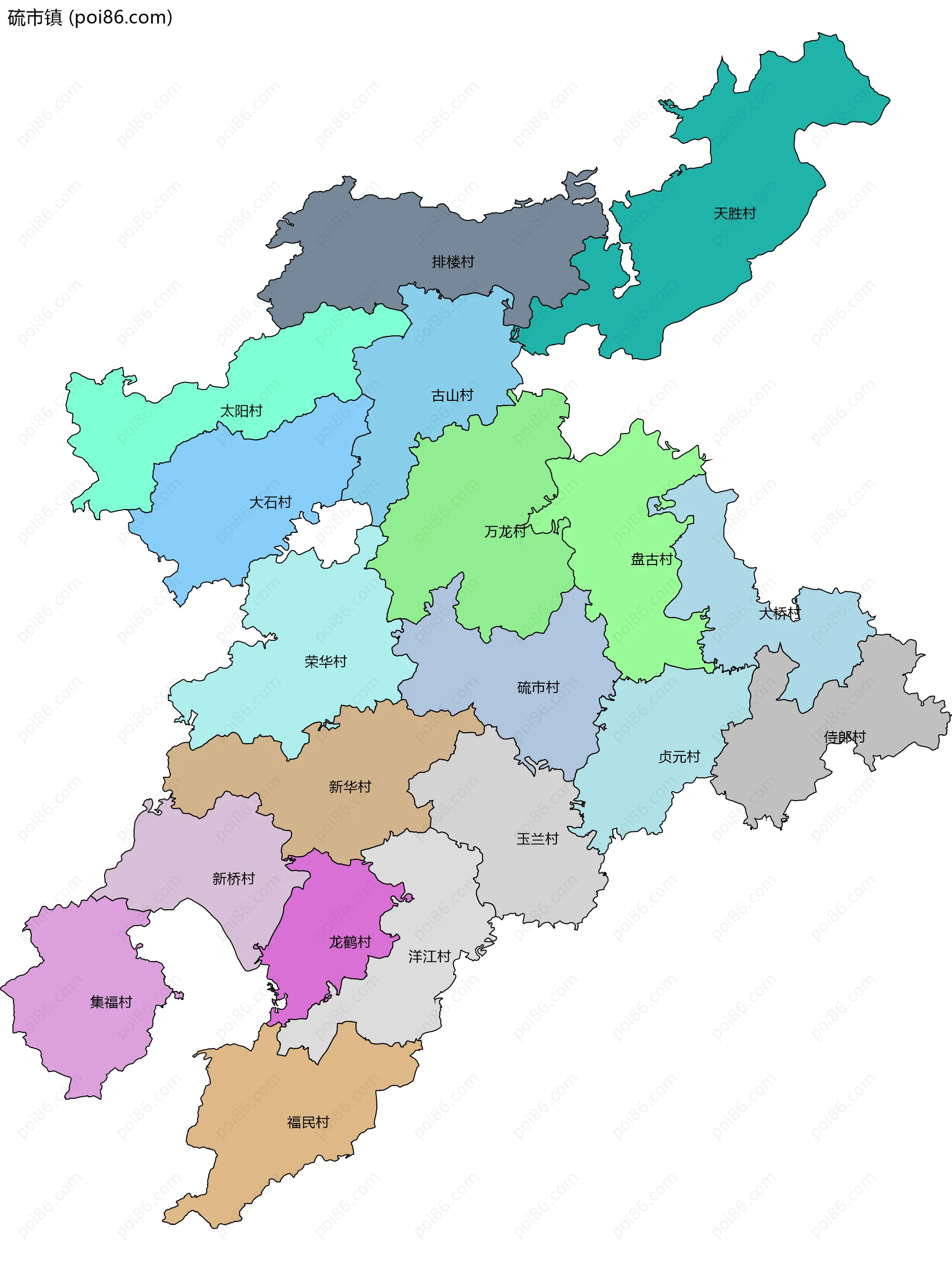 硫市镇边界地图(五级行政区划)