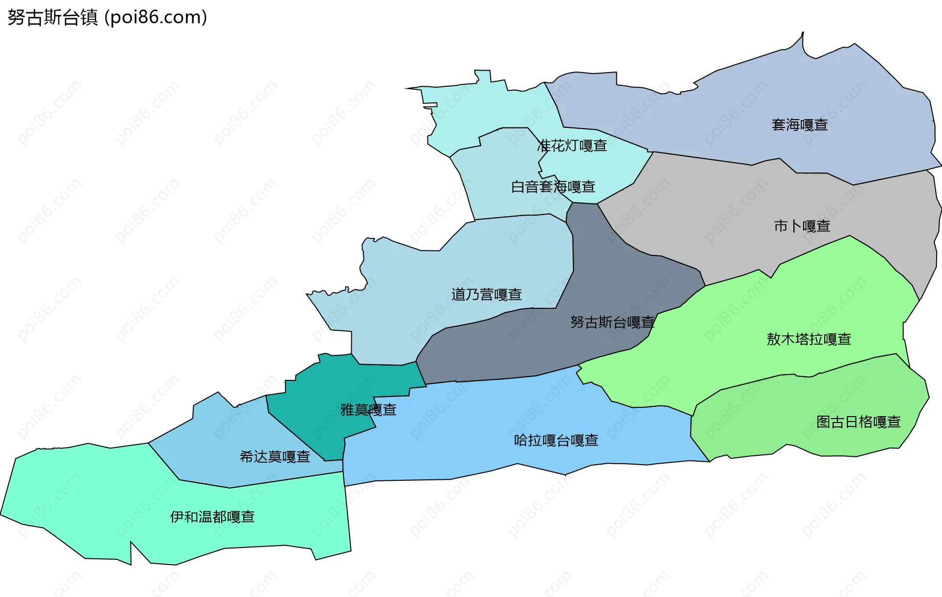 努古斯台镇边界地图(五级行政区划)