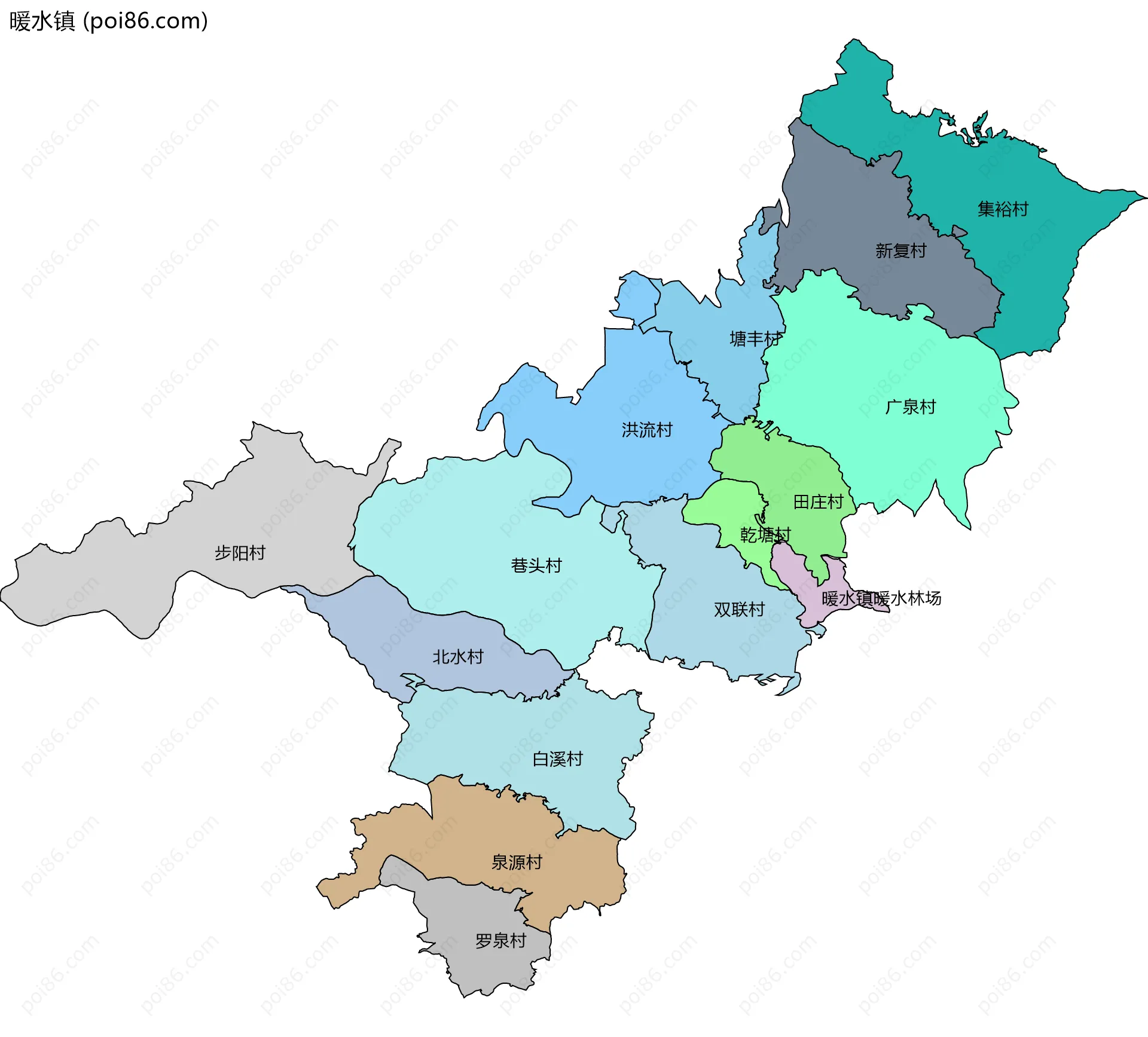 暖水镇边界地图(五级行政区划)