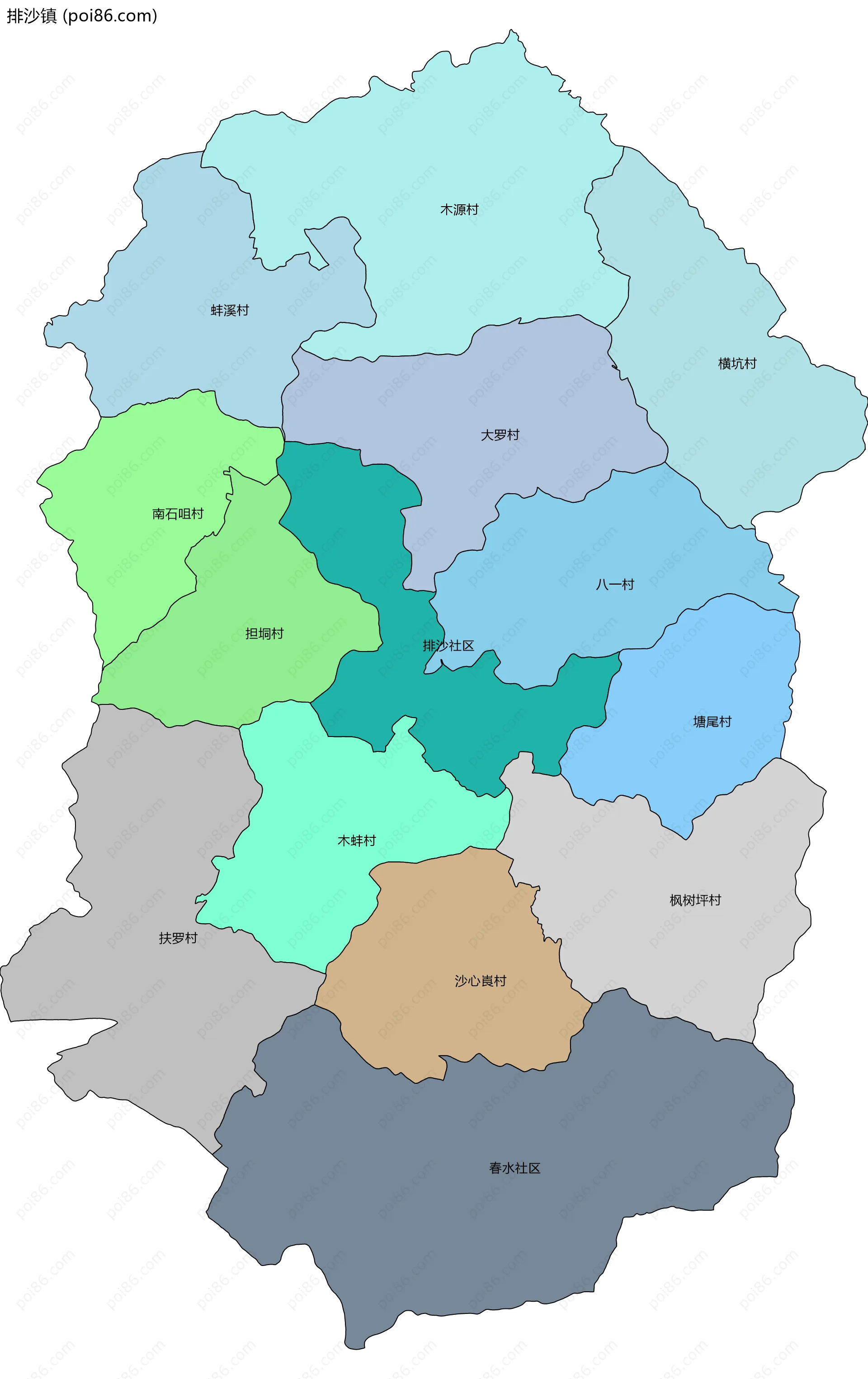 排沙镇边界地图(五级行政区划)