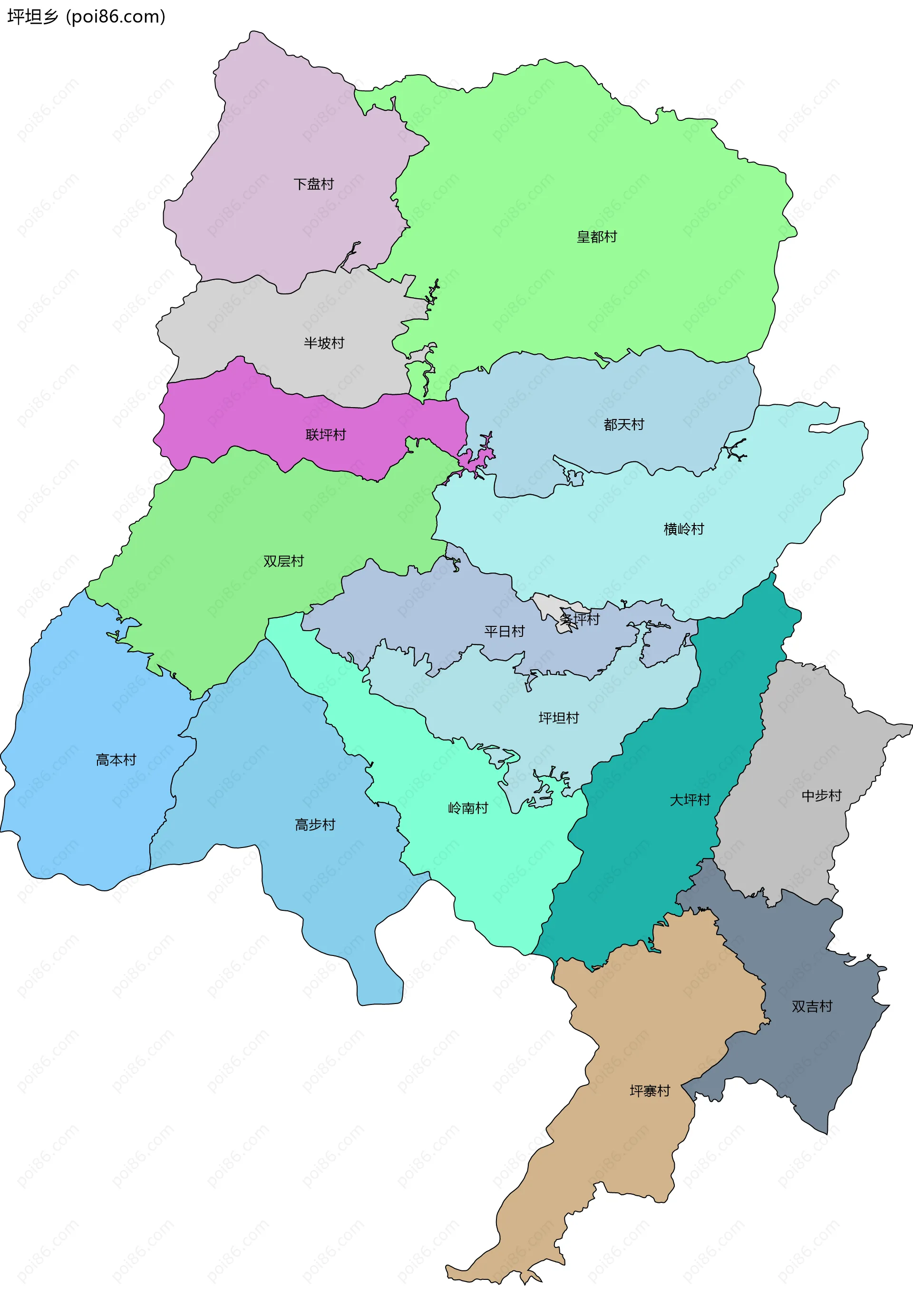 坪坦乡边界地图(五级行政区划)