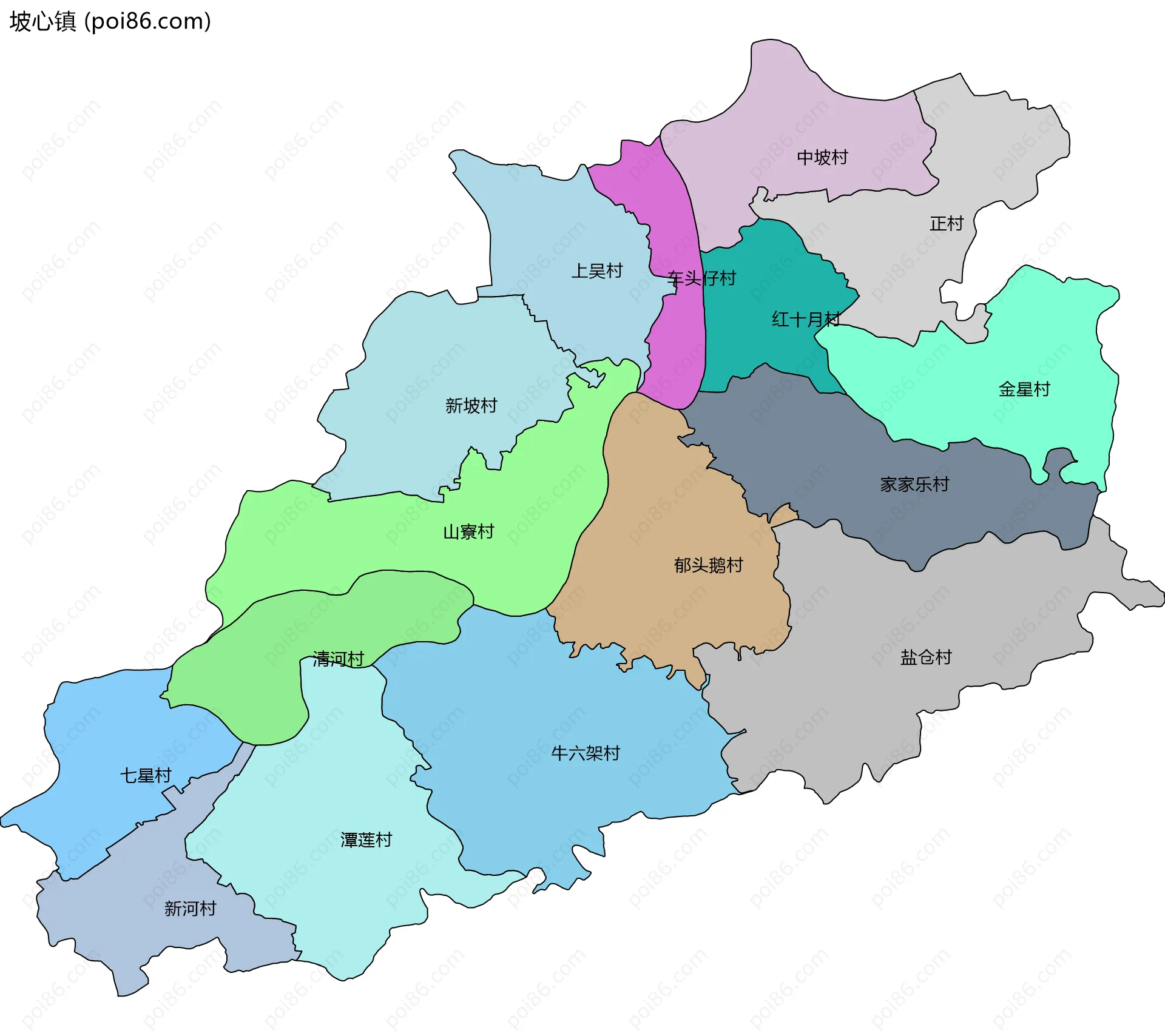 坡心镇边界地图(五级行政区划)