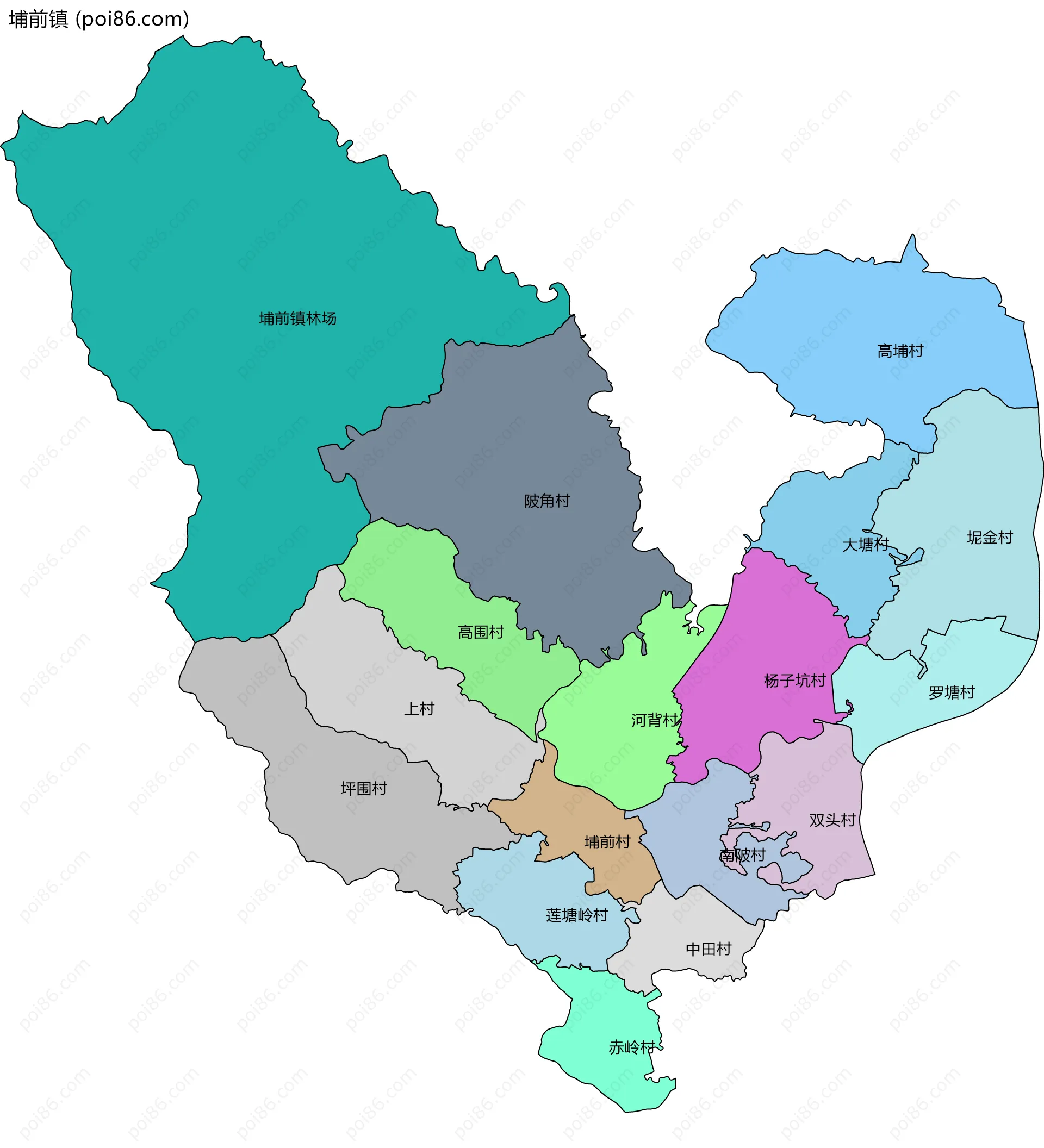 埔前镇边界地图(五级行政区划)