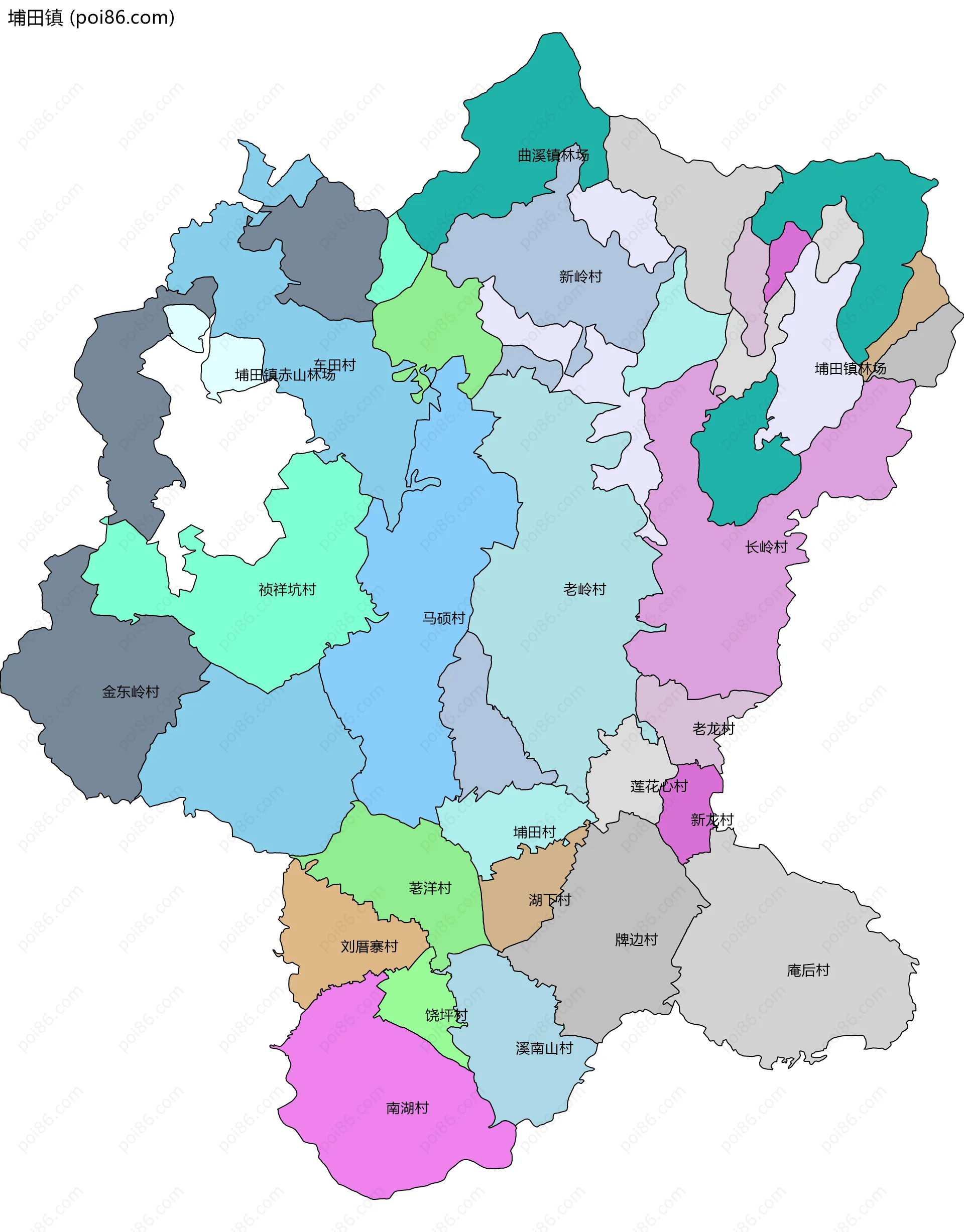 埔田镇边界地图(五级行政区划)