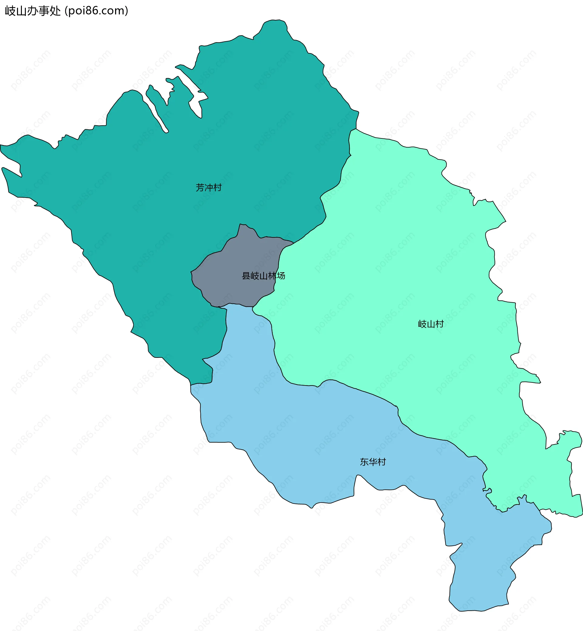 岐山办事处边界地图(五级行政区划)