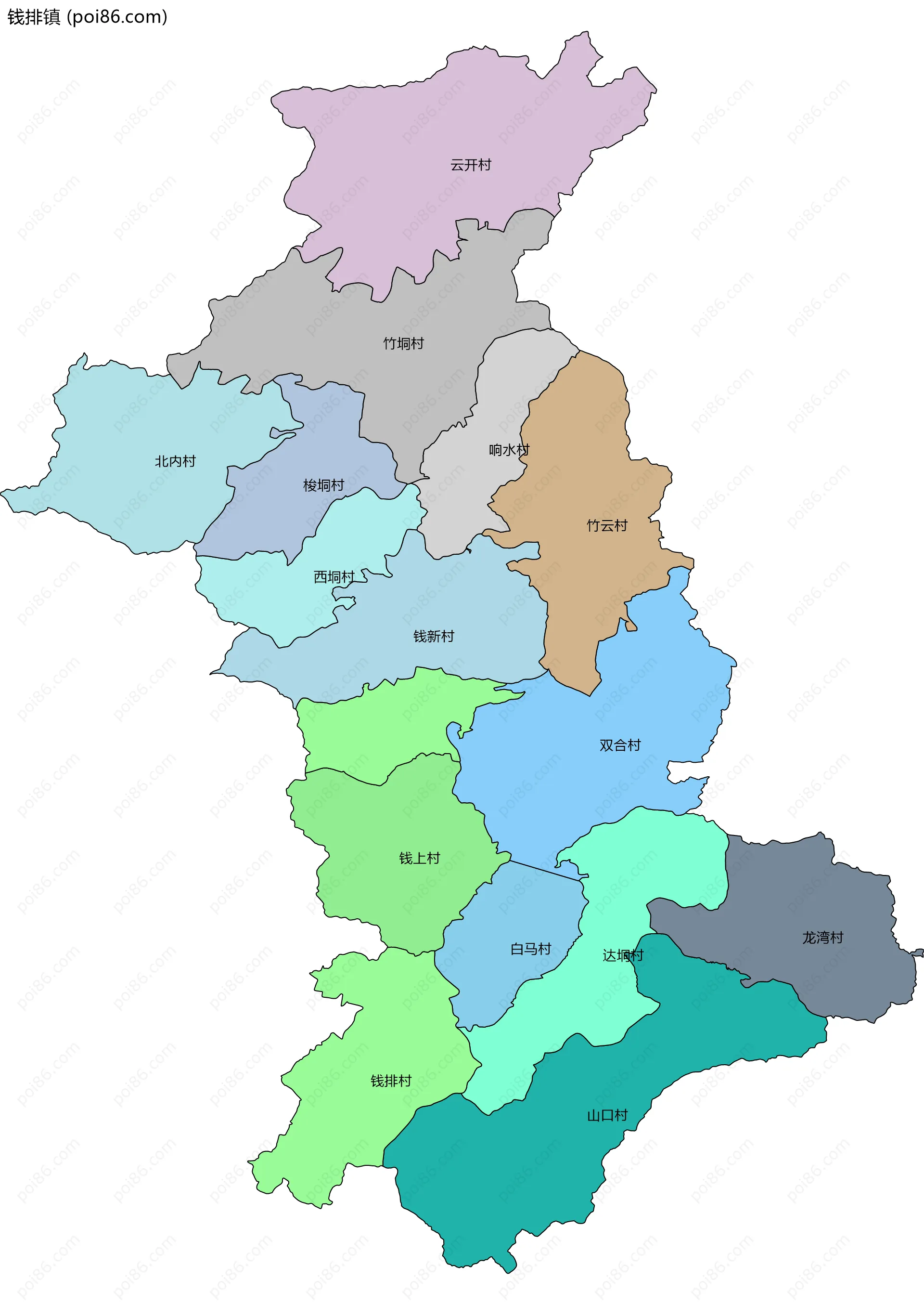 钱排镇边界地图(五级行政区划)