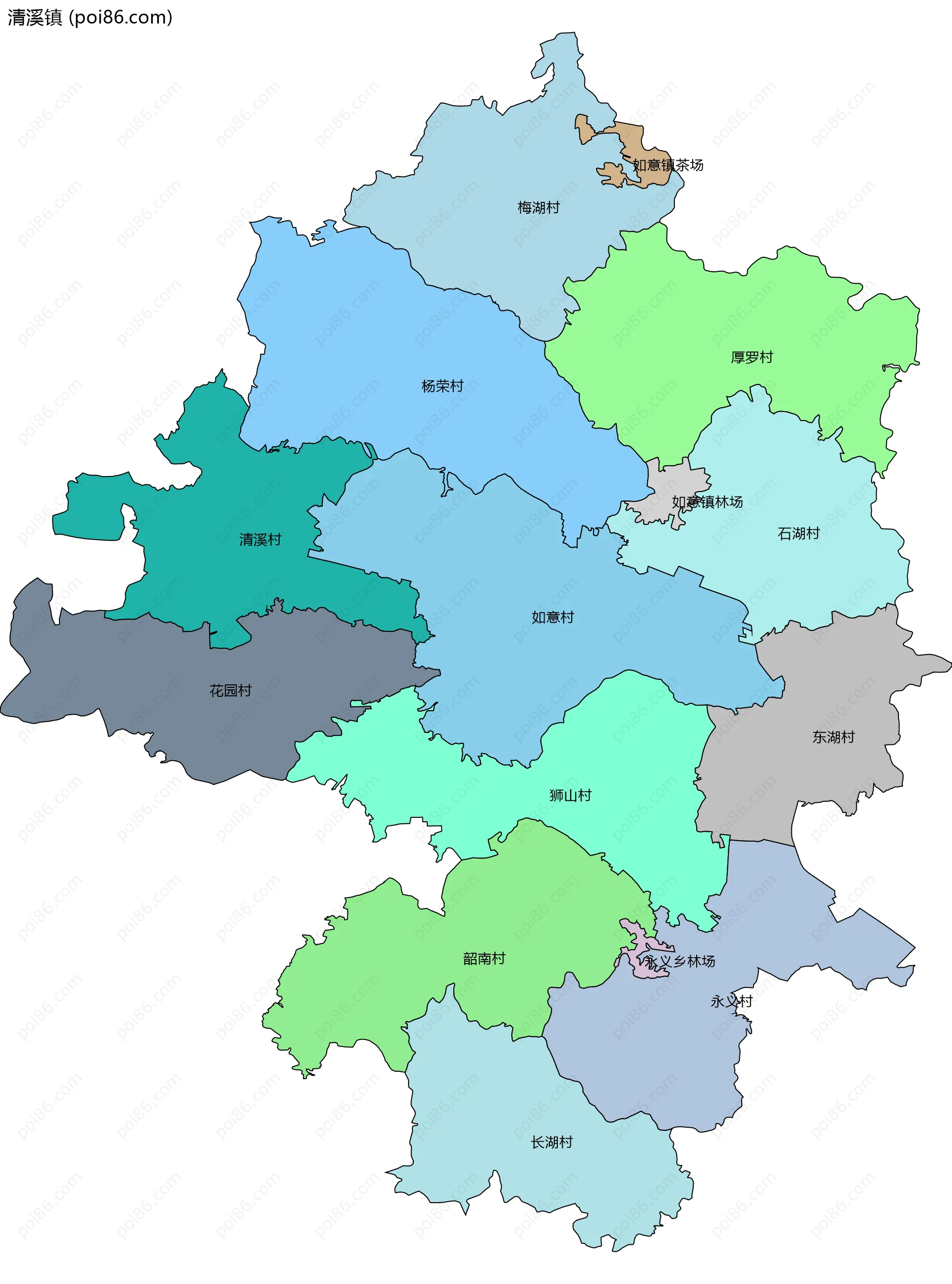 清溪镇边界地图(五级行政区划)