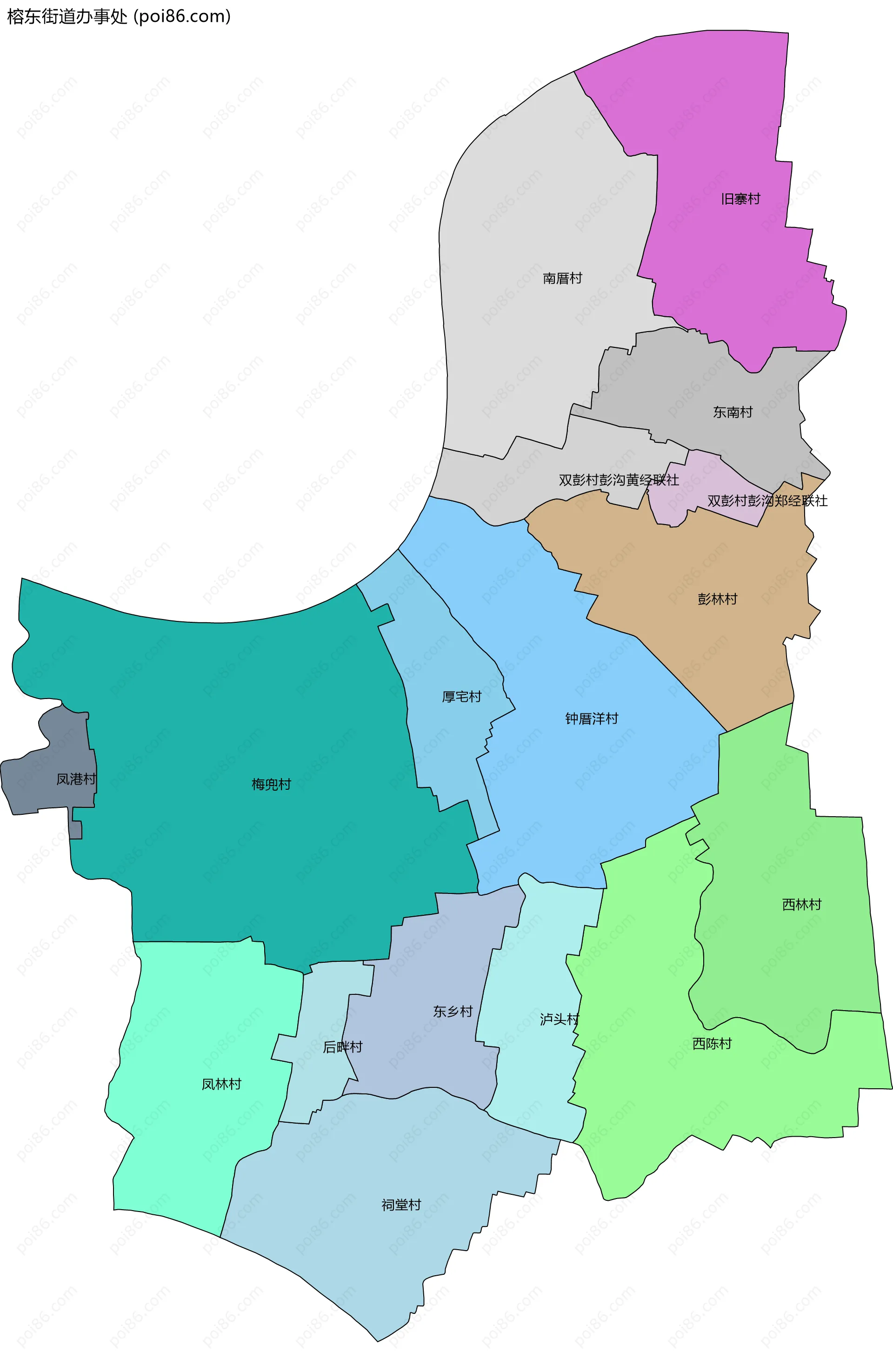 榕东街道办事处边界地图(五级行政区划)