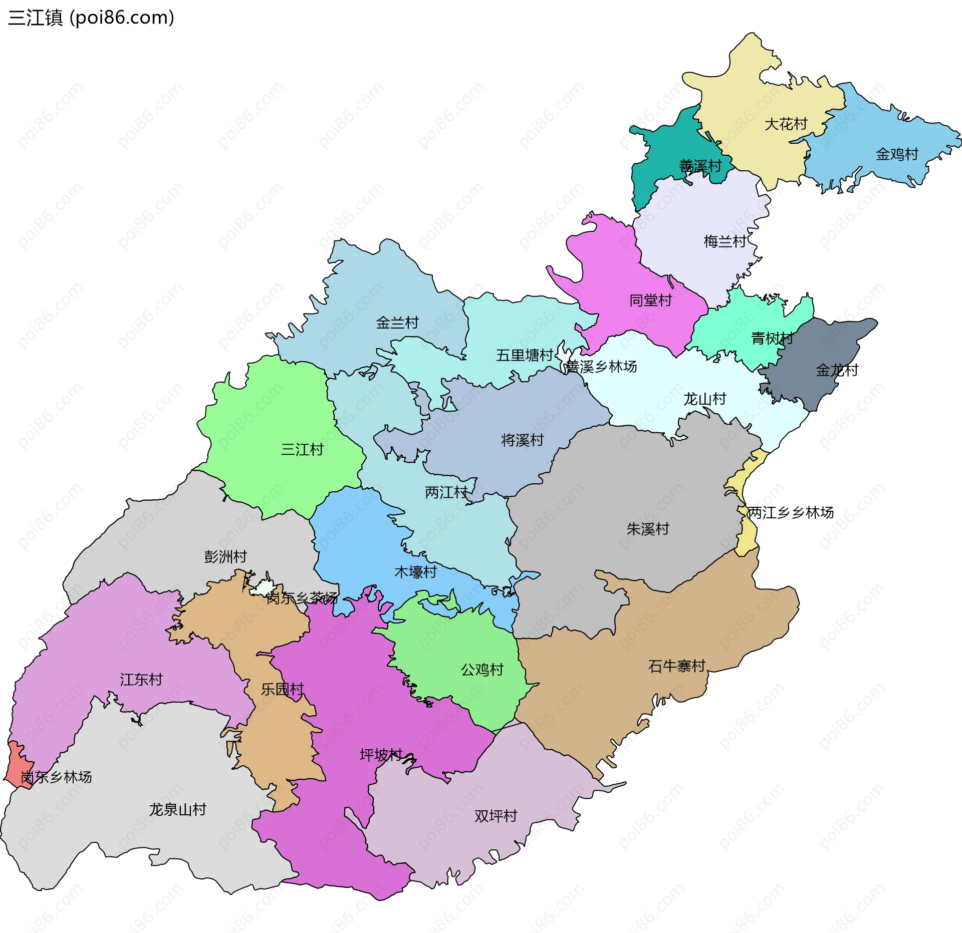 三江镇边界地图(五级行政区划)