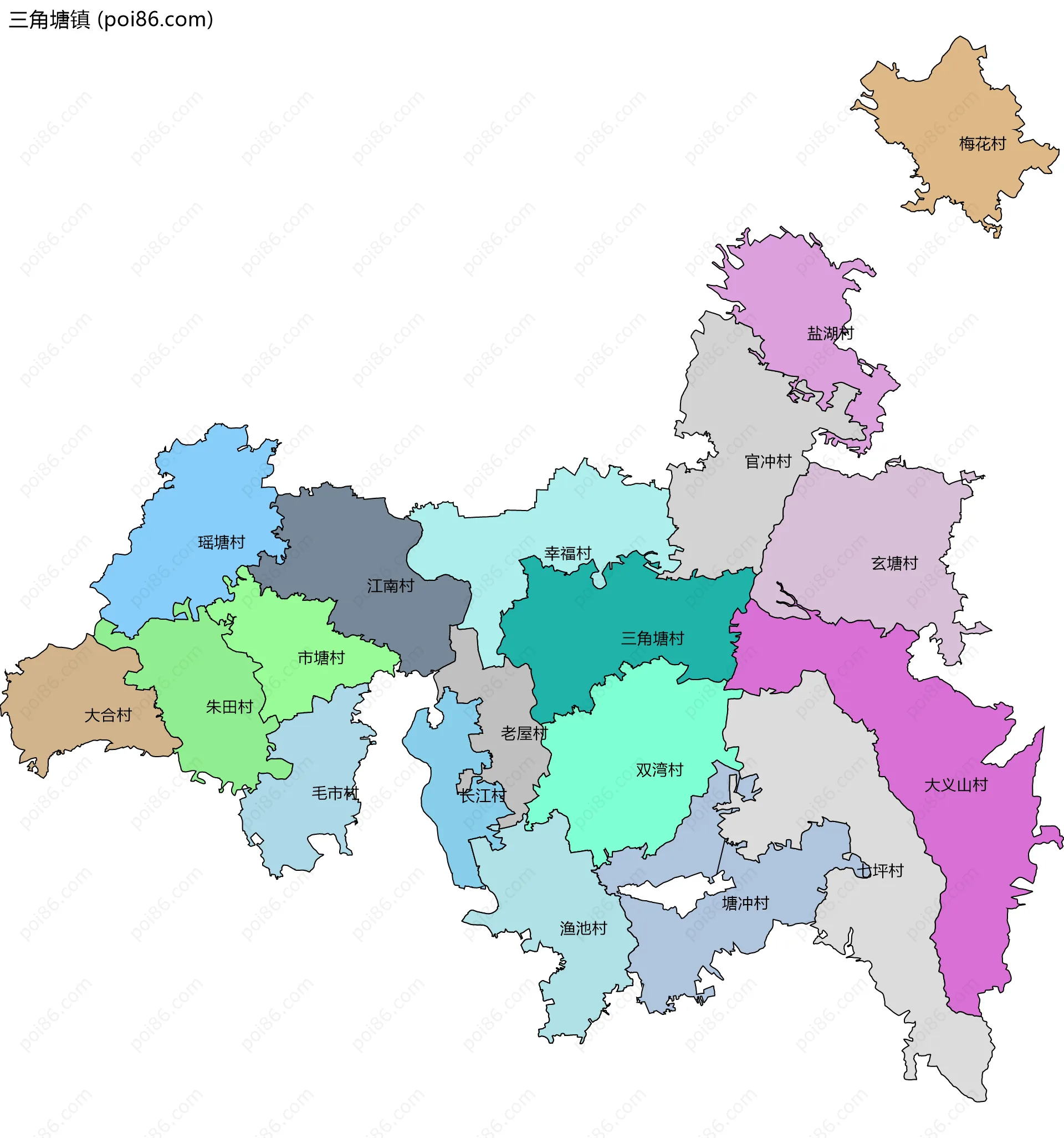 三角塘镇边界地图(五级行政区划)