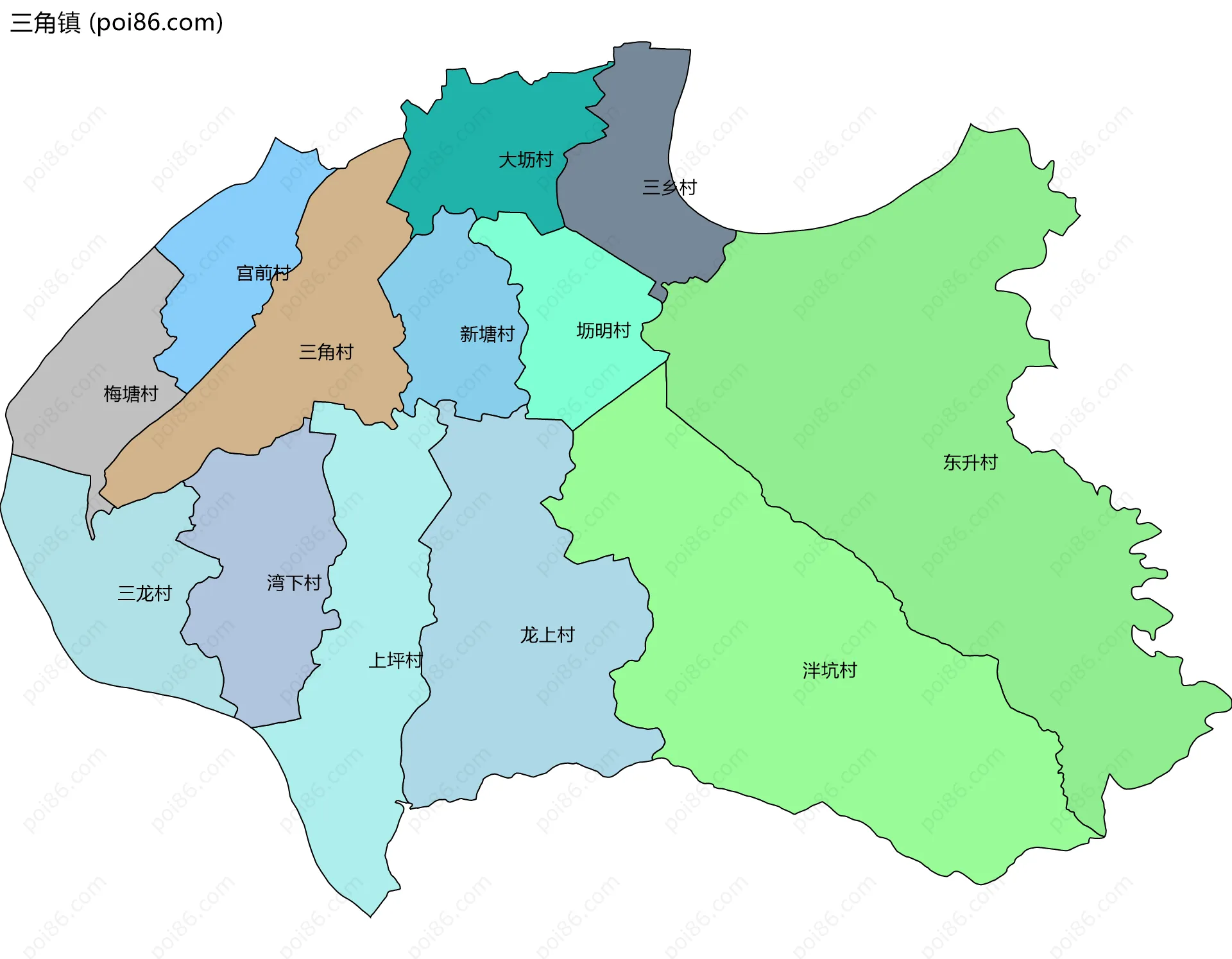 三角镇边界地图(五级行政区划)