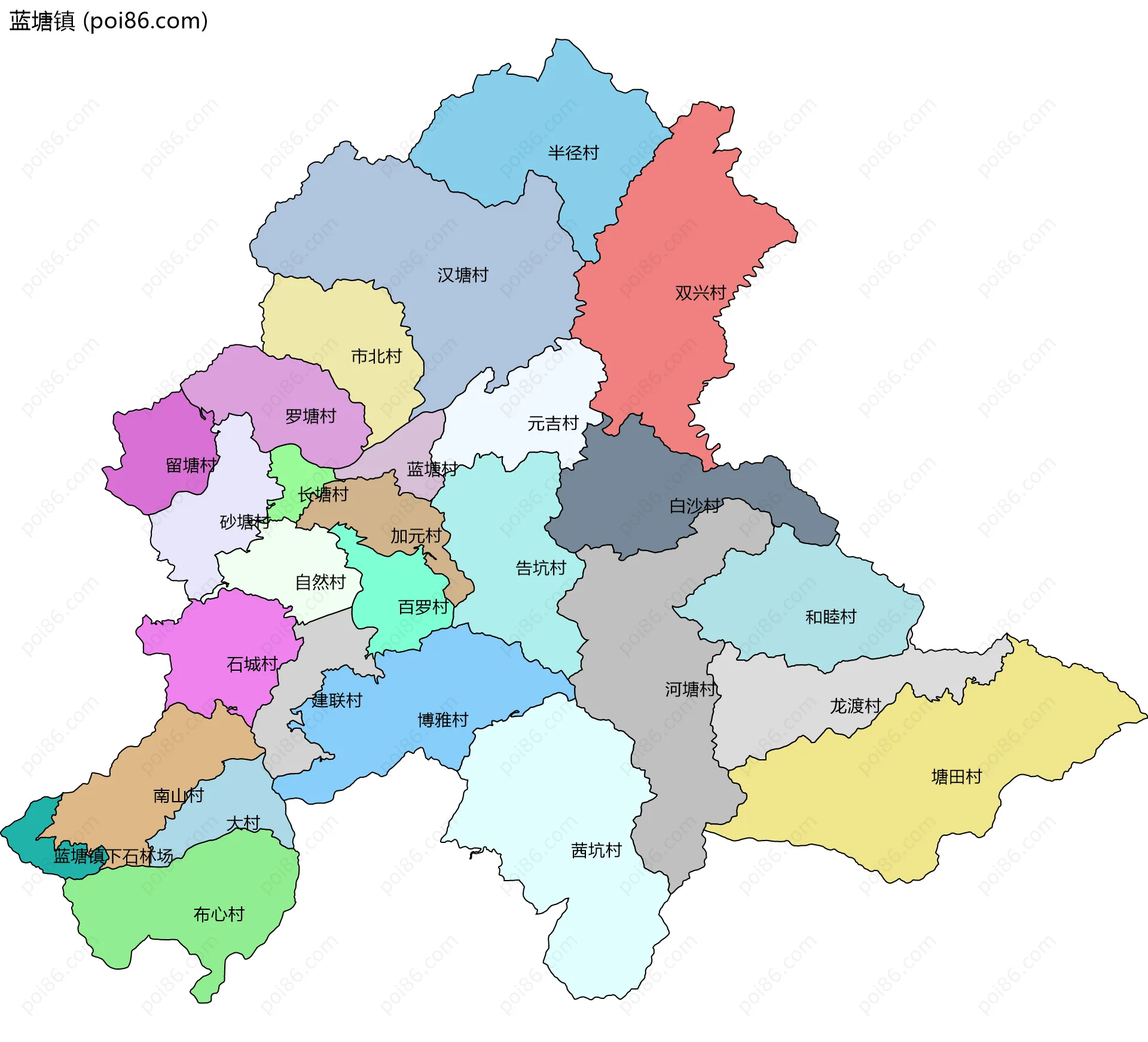 蓝塘镇边界地图(五级行政区划)