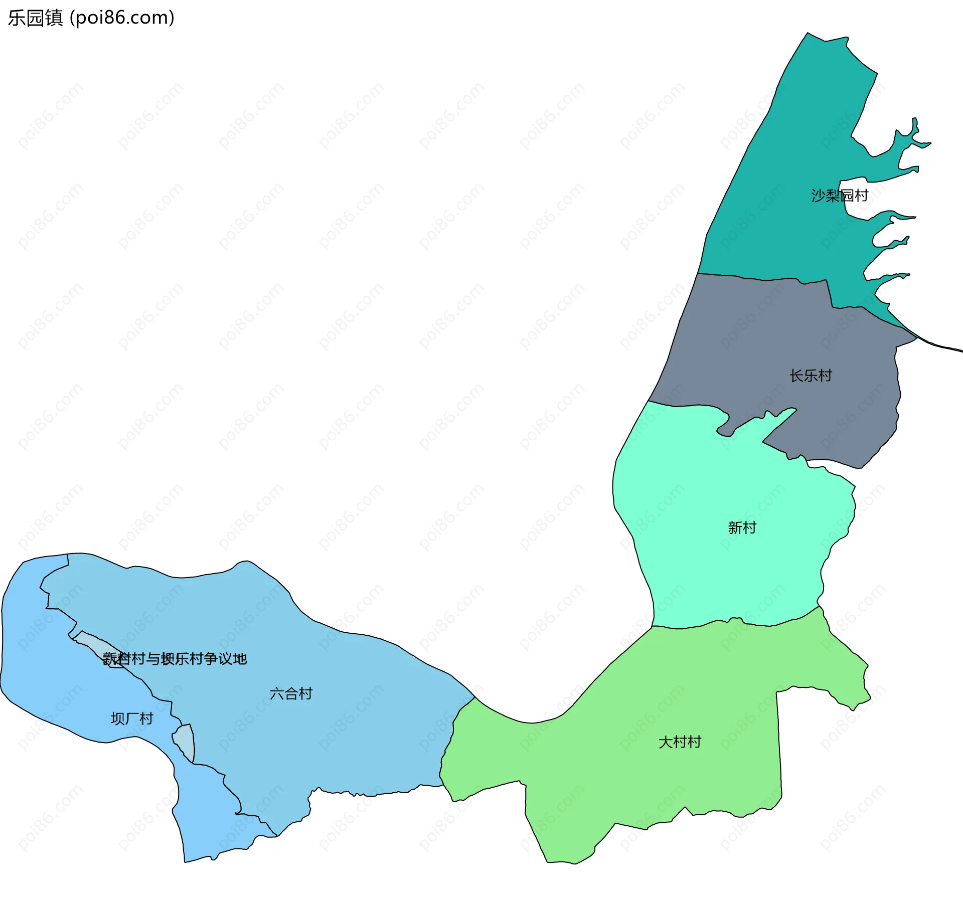 乐园镇边界地图(五级行政区划)