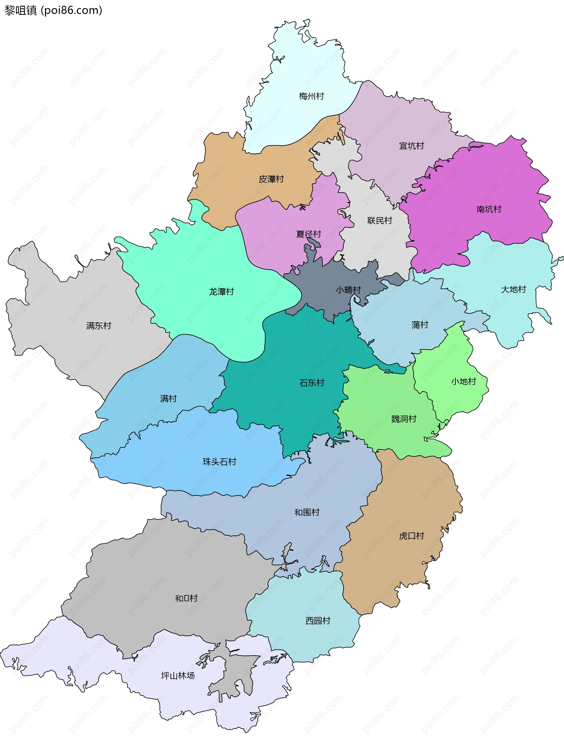 黎咀镇边界地图(五级行政区划)