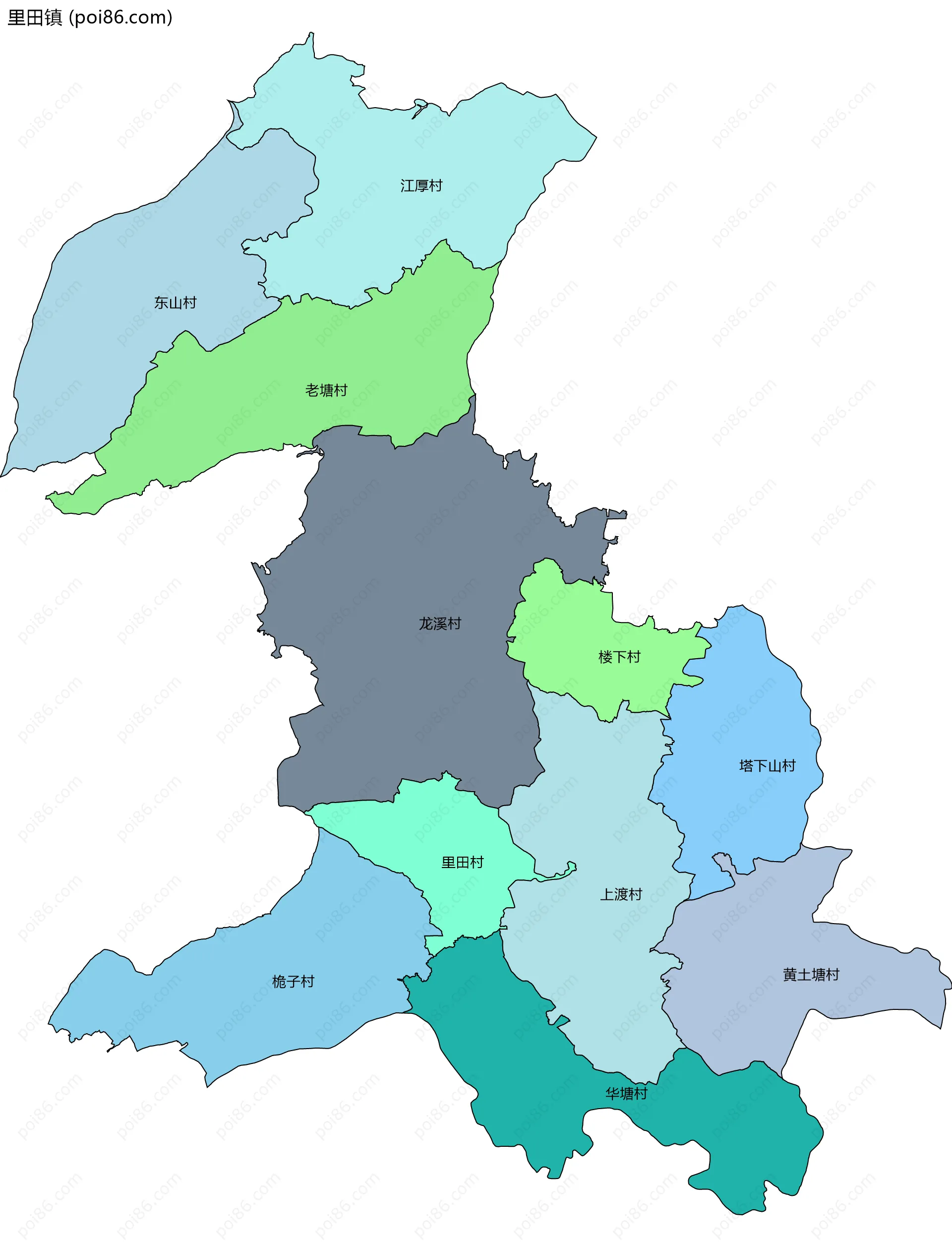 里田镇边界地图(五级行政区划)