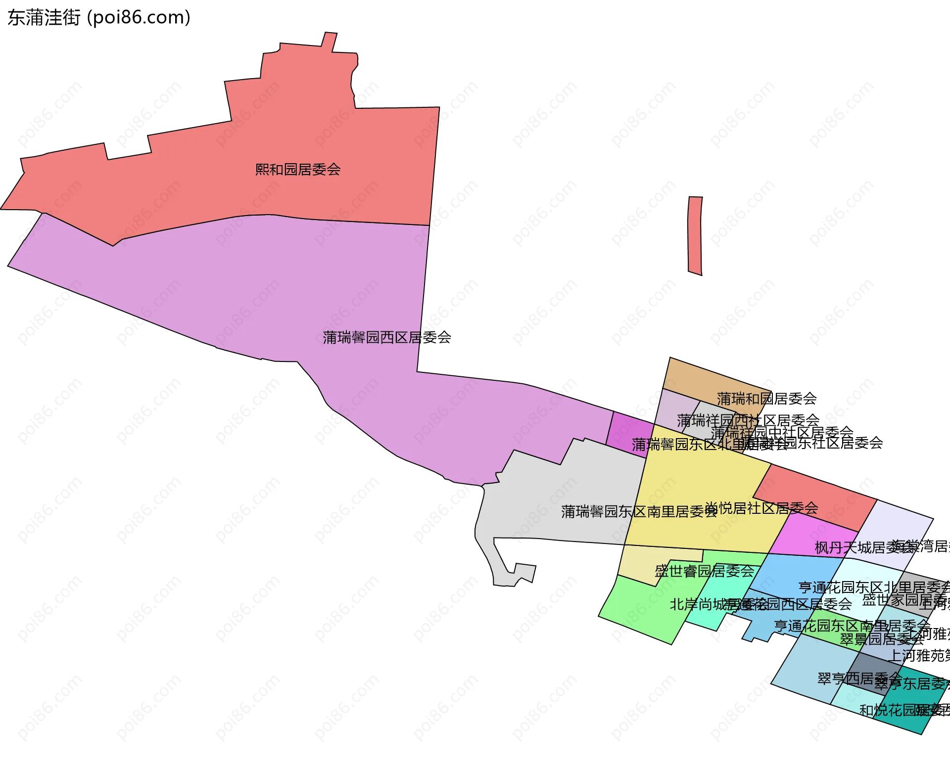 东蒲洼街边界地图(五级行政区划)