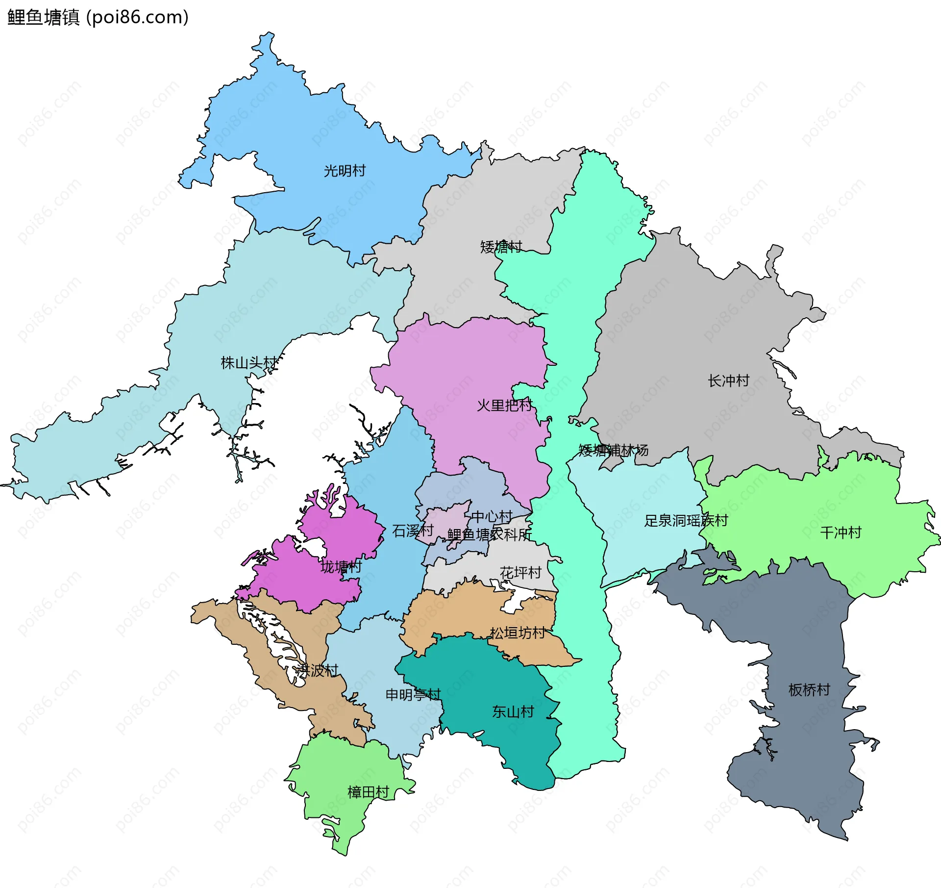 鲤鱼塘镇边界地图(五级行政区划)