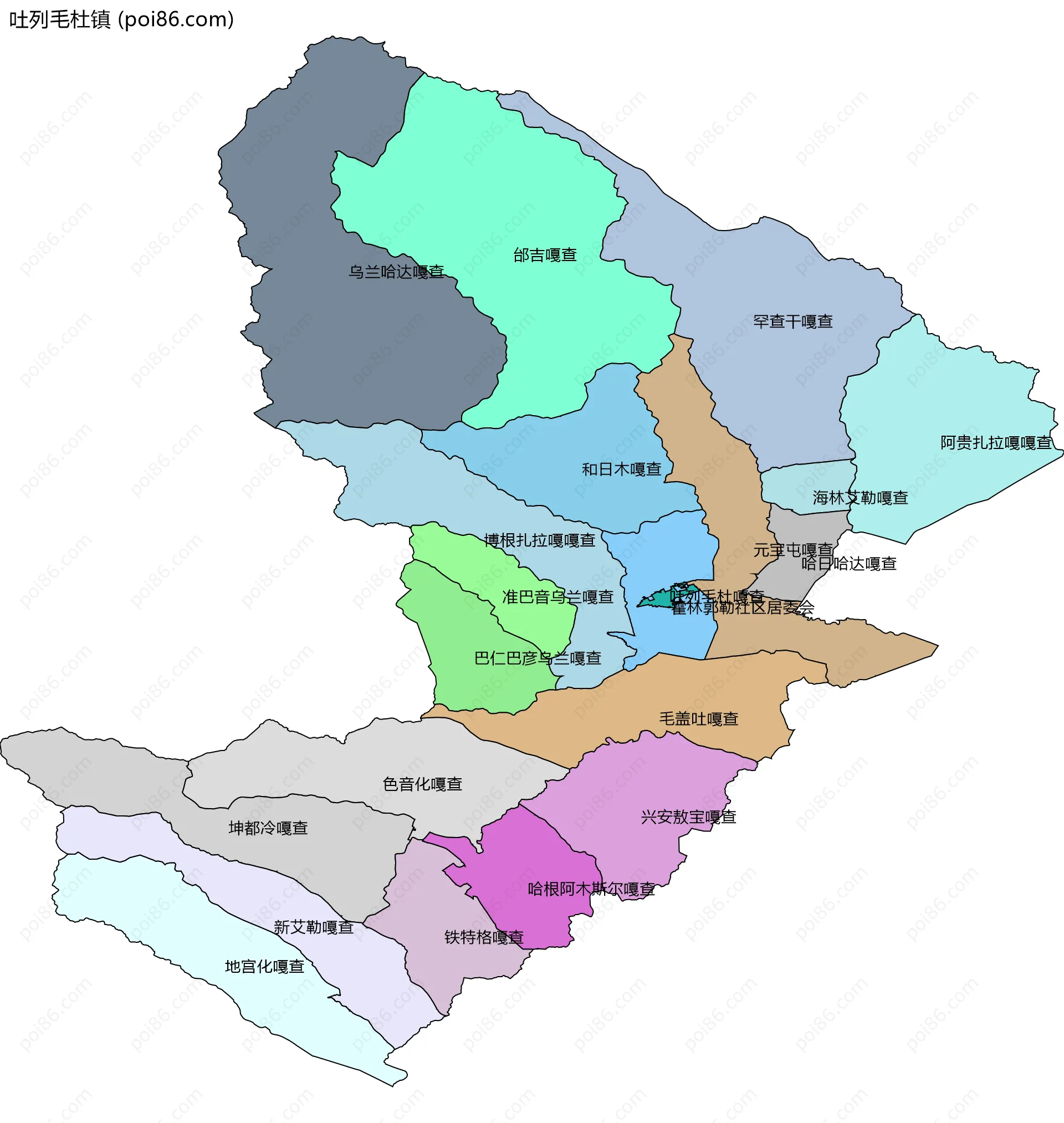 吐列毛杜镇边界地图(五级行政区划)