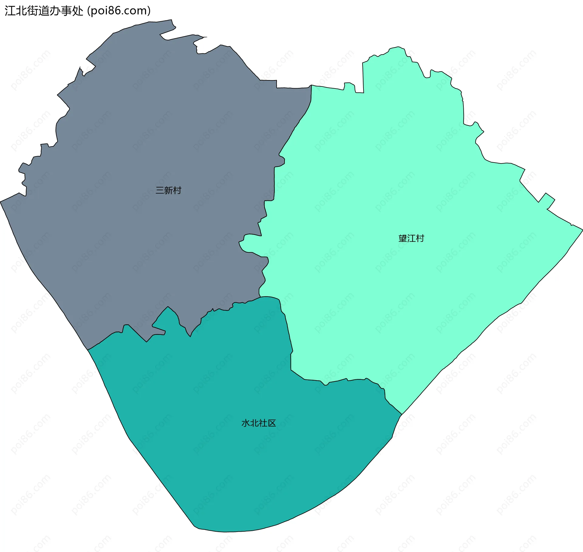 江北街道办事处边界地图(五级行政区划)