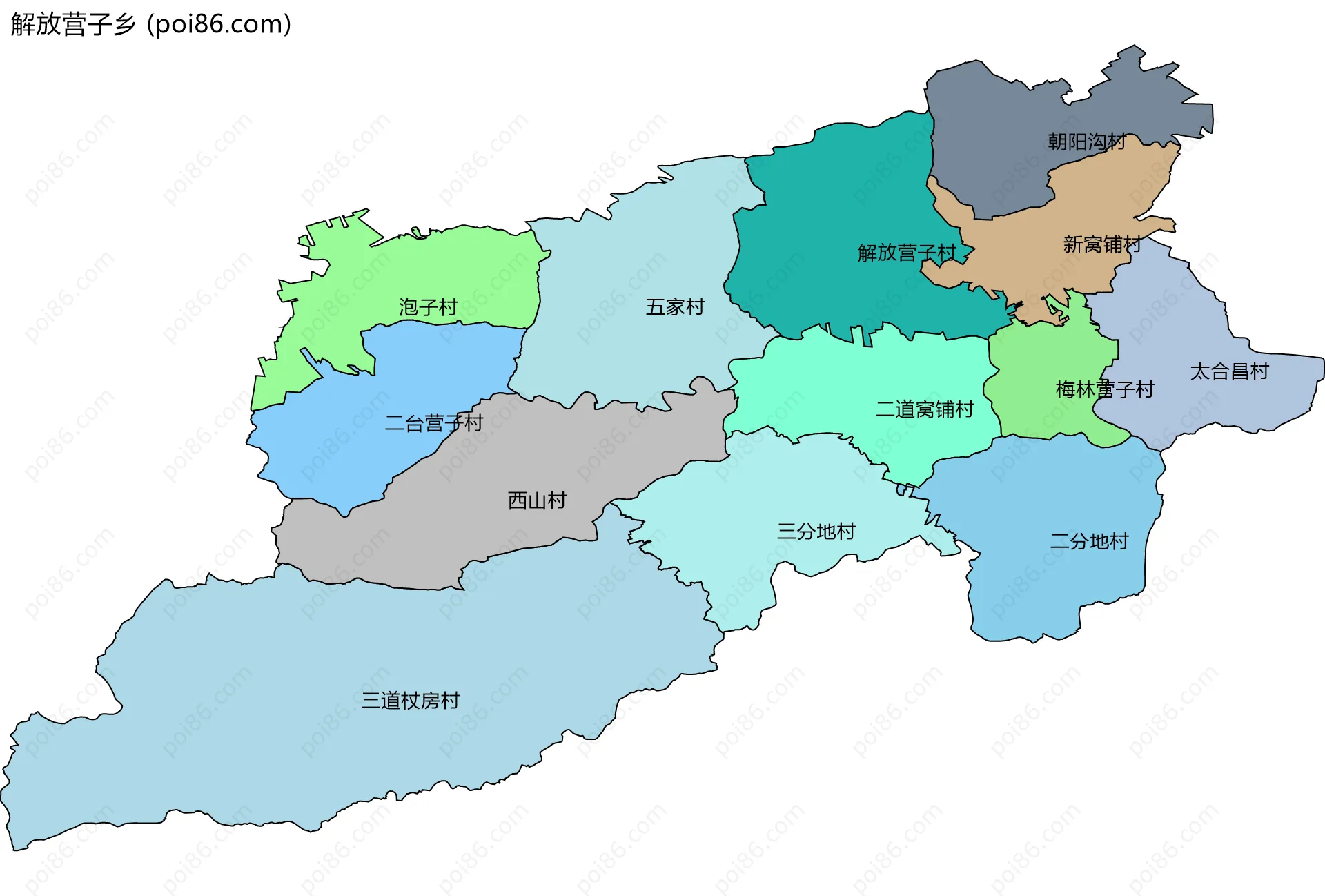 解放营子乡边界地图(五级行政区划)