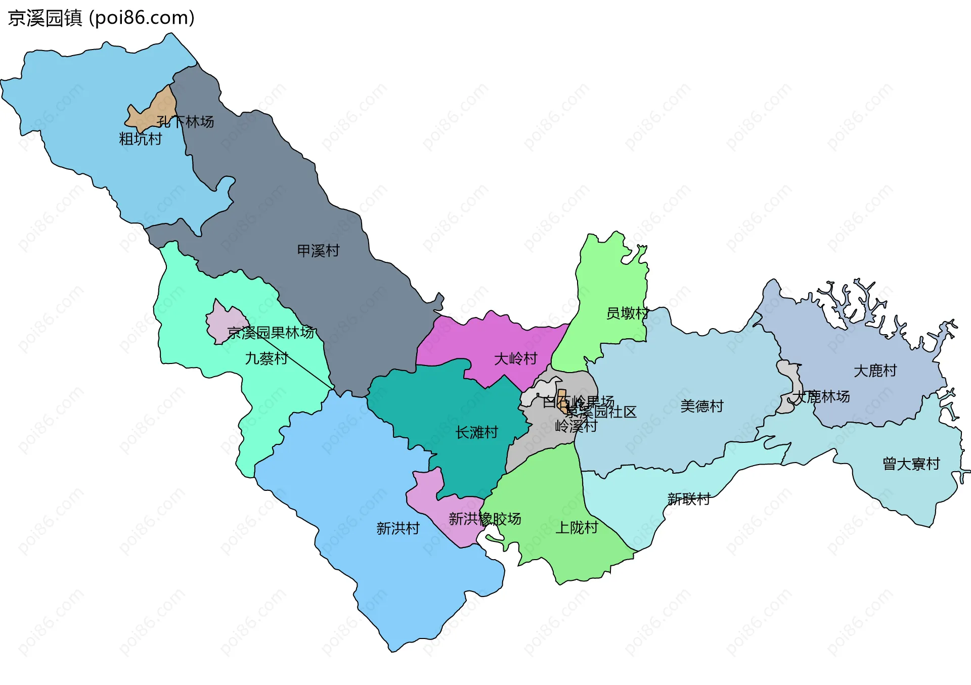京溪园镇边界地图(五级行政区划)