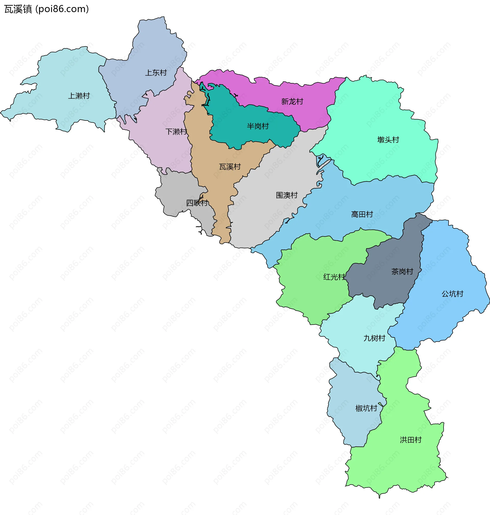 瓦溪镇边界地图(五级行政区划)