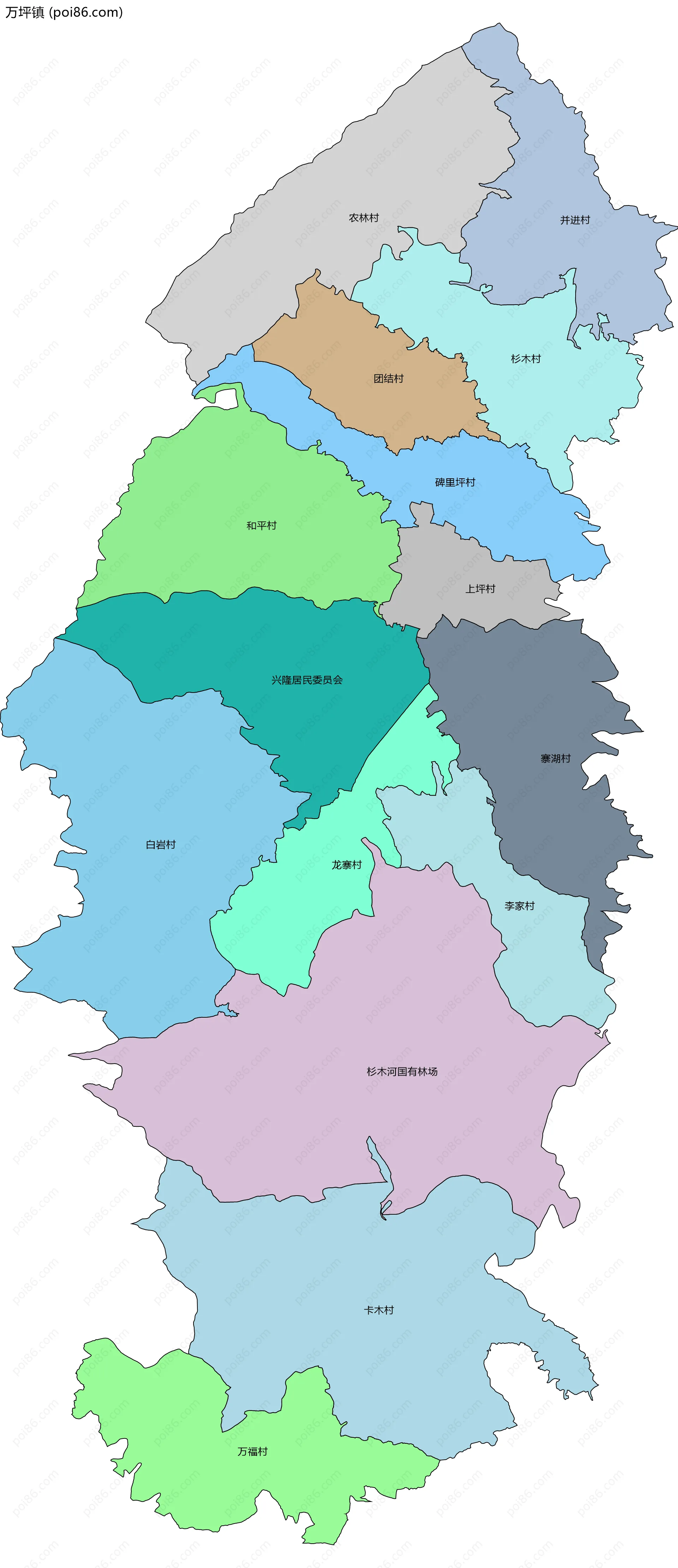 万坪镇边界地图(五级行政区划)