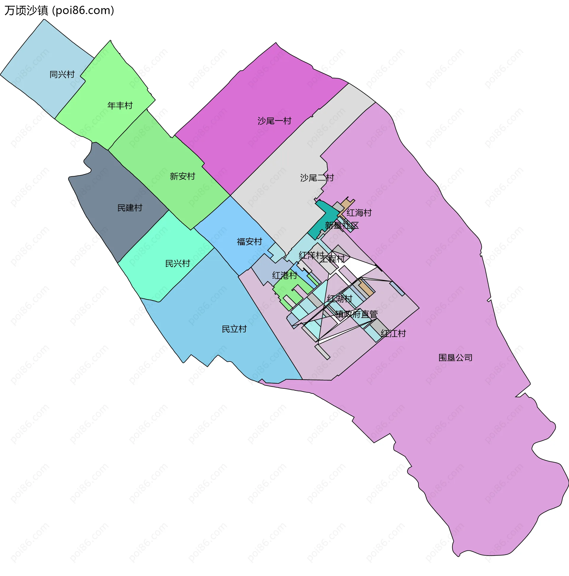 万顷沙镇边界地图(五级行政区划)