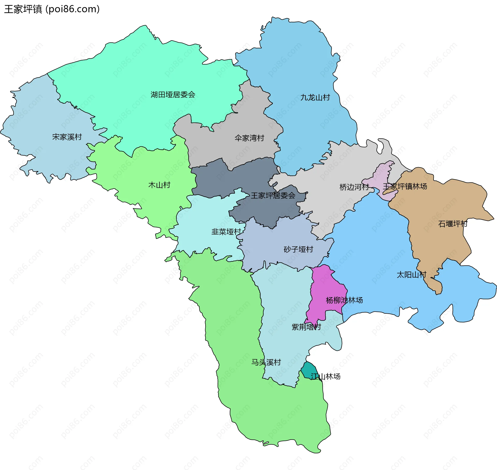 王家坪镇边界地图(五级行政区划)