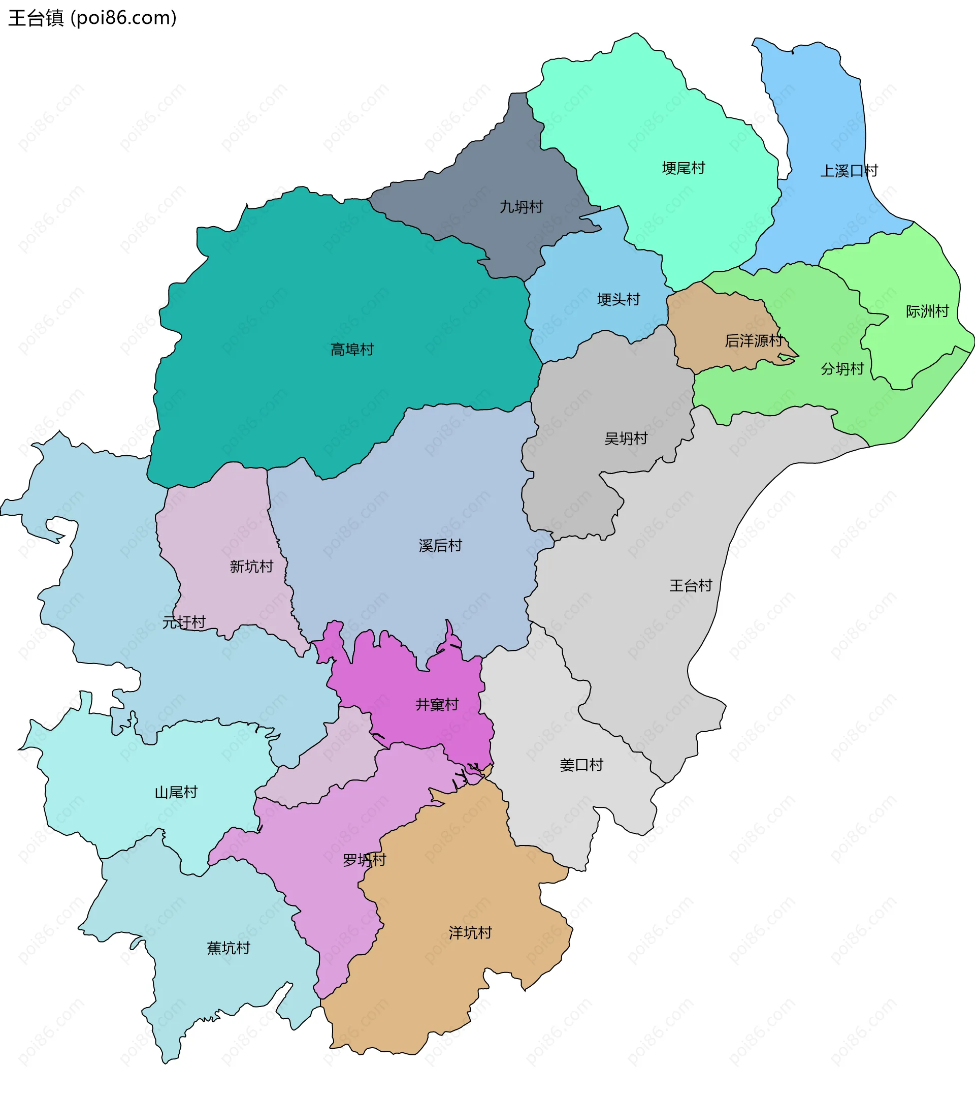 王台镇边界地图(五级行政区划)