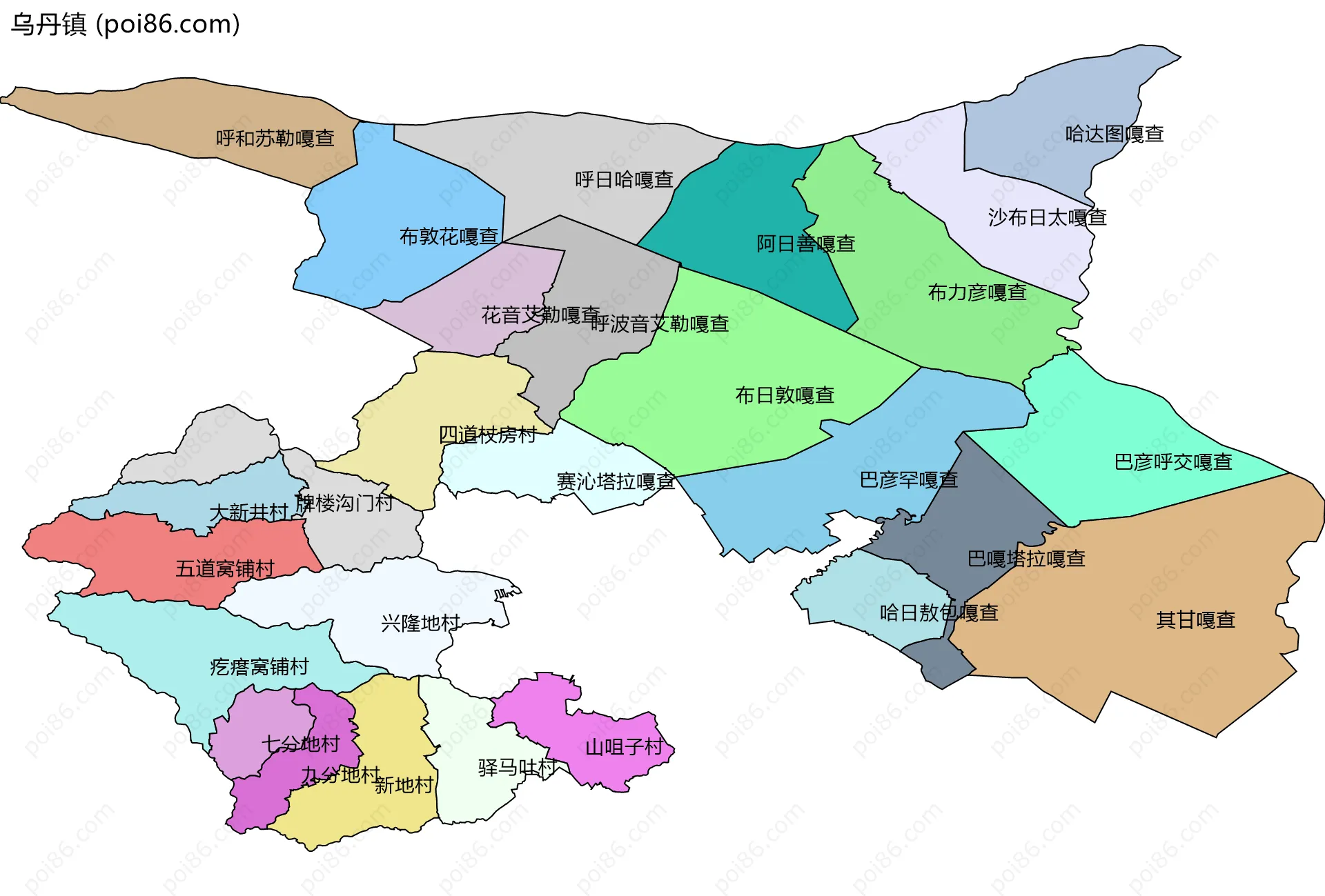 乌丹镇边界地图(五级行政区划)
